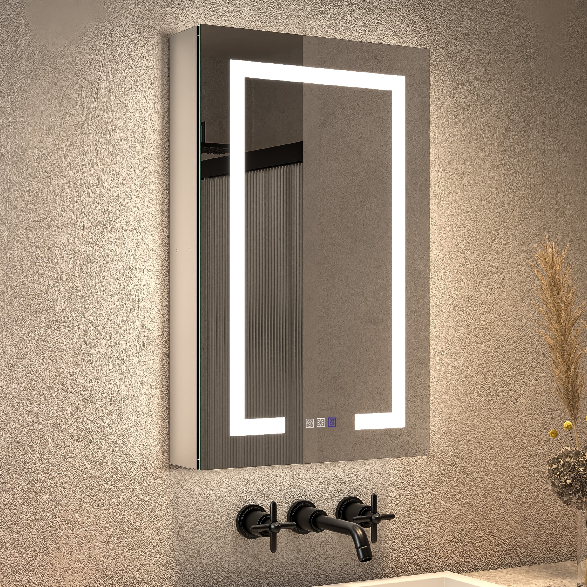 ExBrite EBMC2032V3RX Opale 20-in x 32-in Lighted LED Fog Free Surface/Recessed Mount Silvery Gray Mirrored Rectangle Soft Close Medicine Cabinet with Outlet