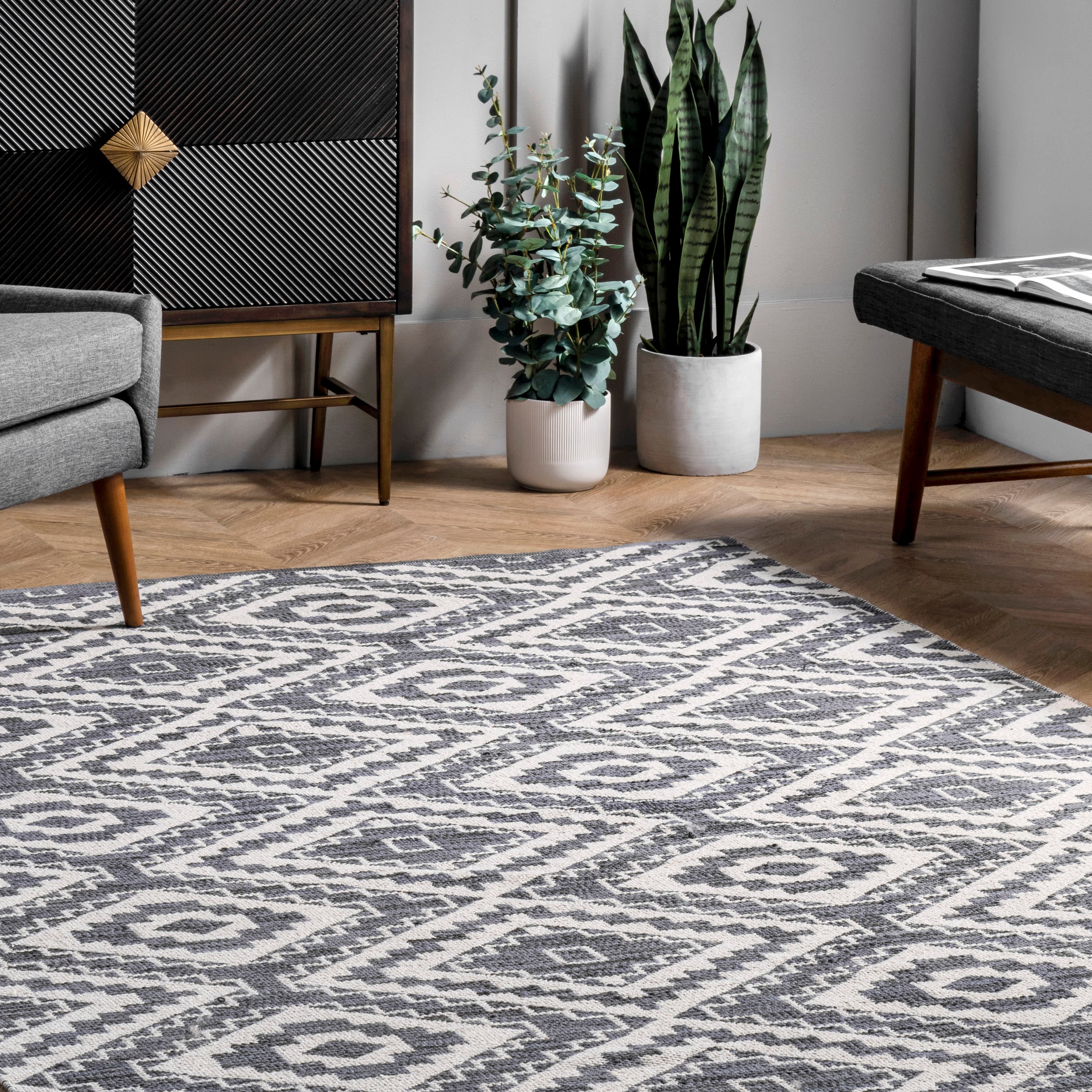 Gray and White Geometric Cotton Rectangular Area Rug, 3' x 5'