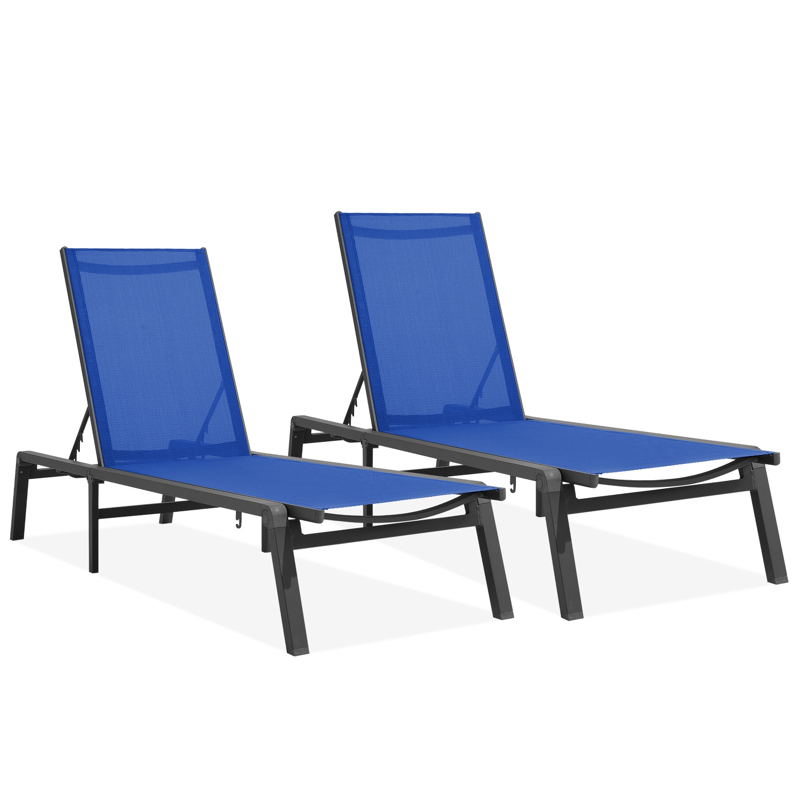 VOUA 2SZDY-TE Poolside Set of 2 Woven Stackable Black Aluminum Frame Stationary Chaise Lounge Chair with Black Mesh Seat