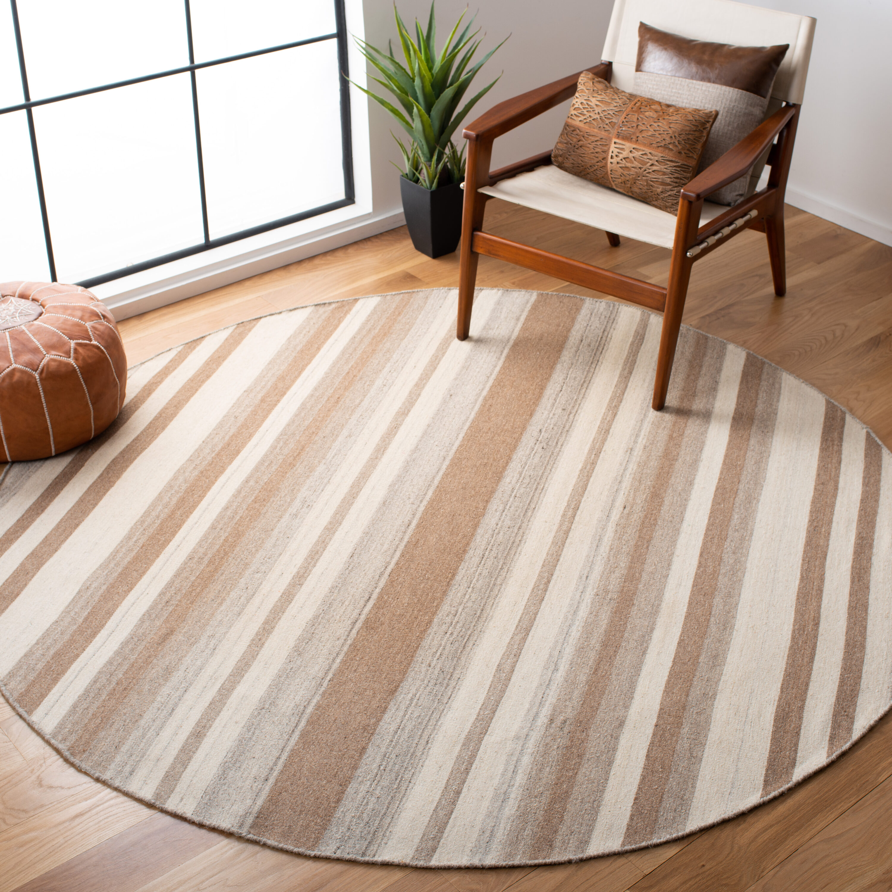  Dhurries 631 Natural/Camel Contemporary 7ft x 7ft Round Rug