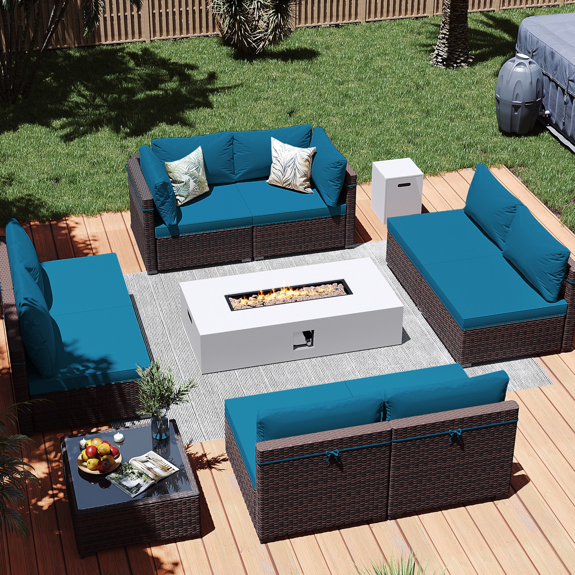 Patio Watcher LS-RT9-KD56WH-B5 10 -Piece Rattan Patio Conversation Set with Blue Cushions