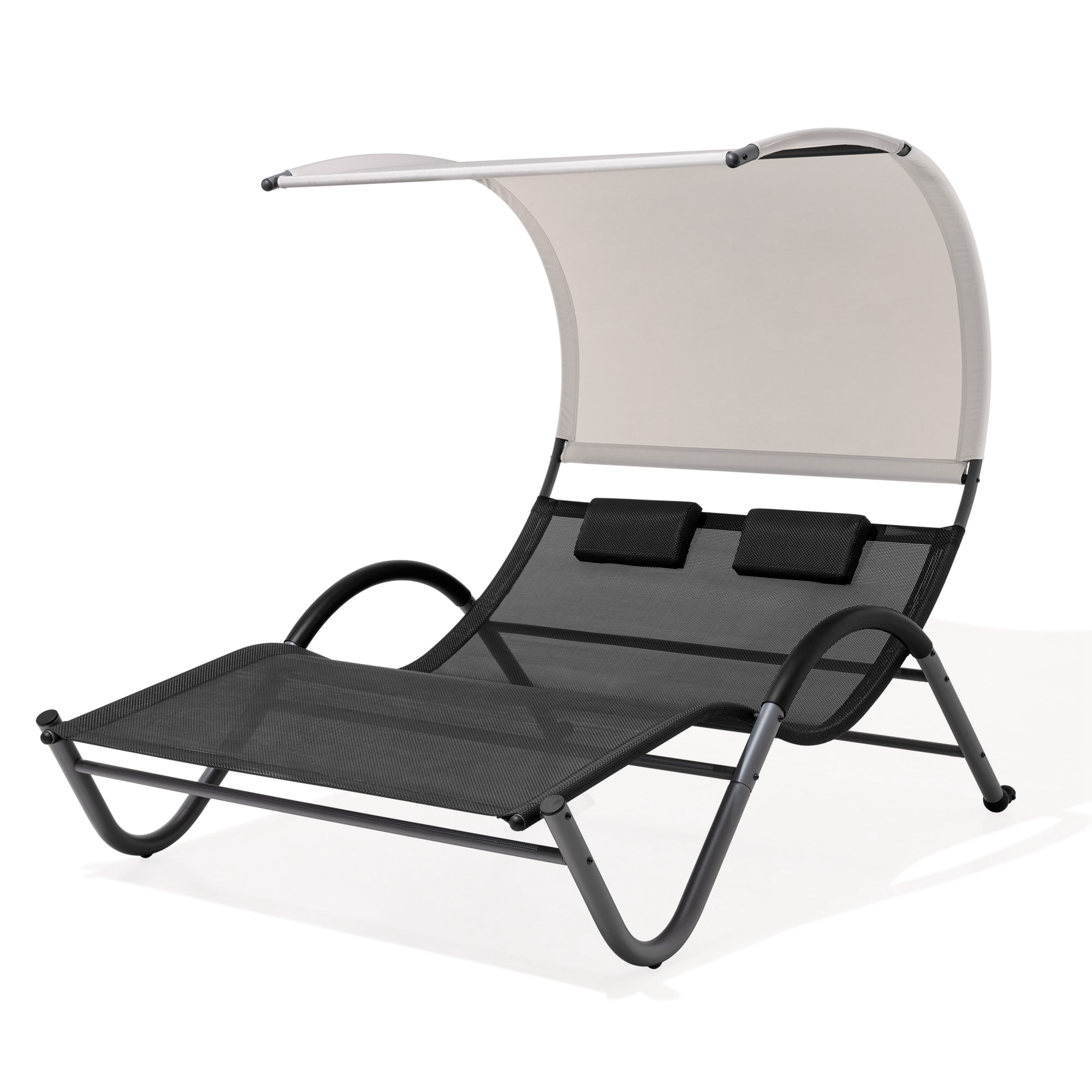 Crestlive Products CL-LG023GRY Patio Double Chaise Lounge Brwon Metal Frame Stationary Chaise Lounge Chair with Gray Texteline Sling Seat
