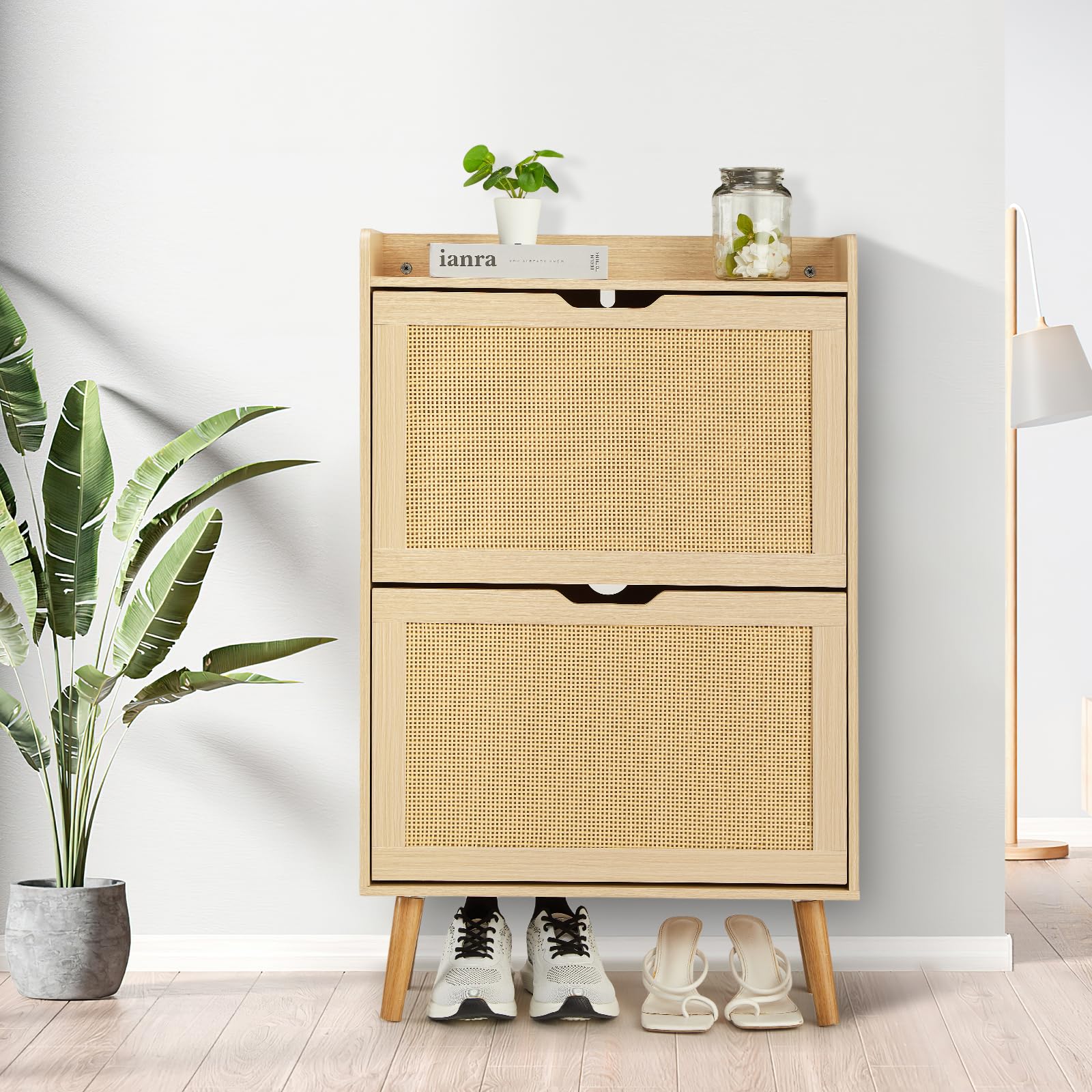 GarveeLife Rattan Shoe Cabinet with 2 Flip Doors Top Drawer Adjustable Interior Shelves and Slim Hidden Storage for 12 to 15 Pairs Entryway