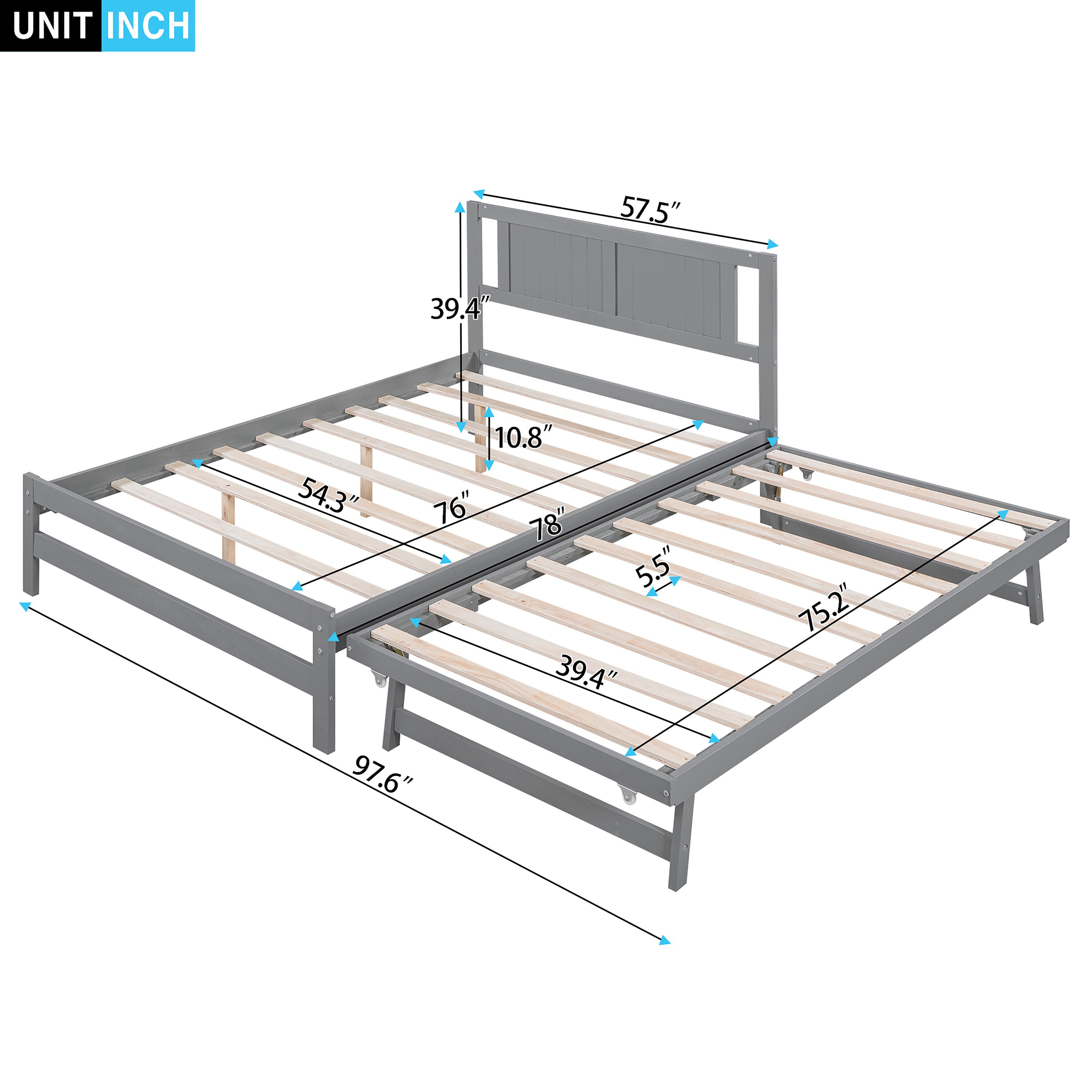 ModernLuxe Full Platform Bed with Adjustable Trundle in Gray Full ...