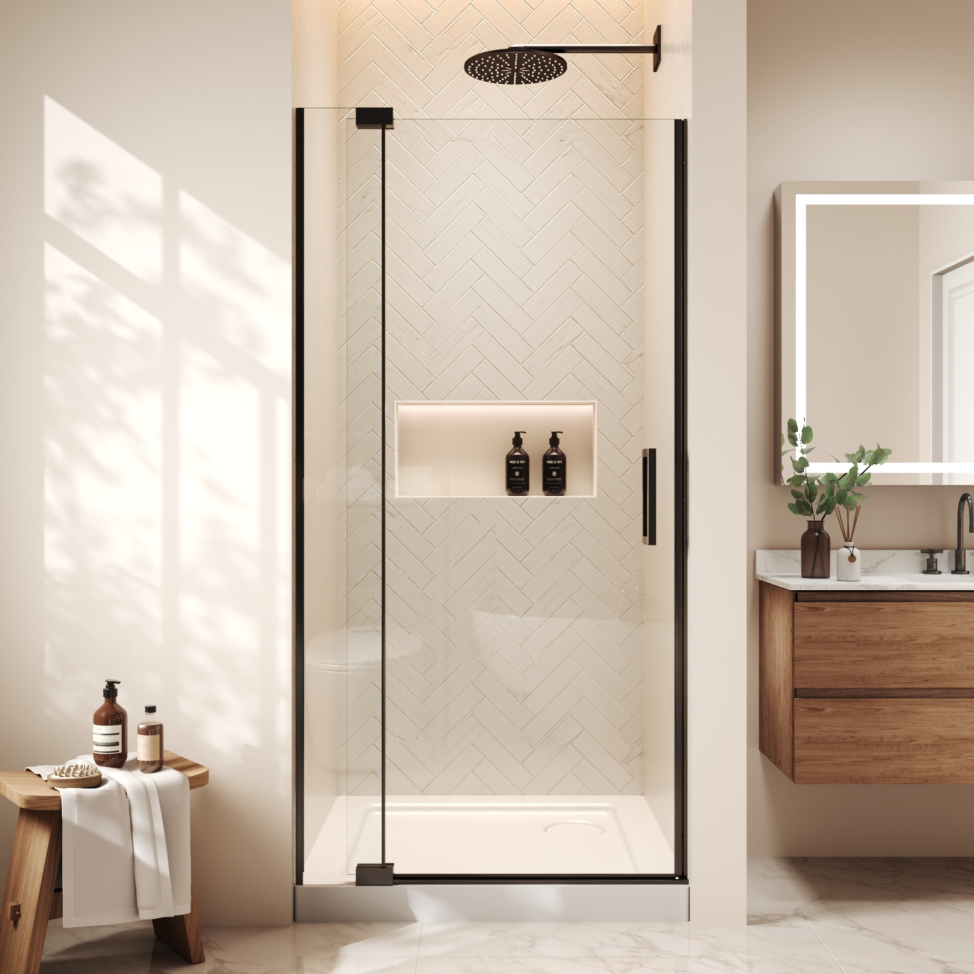MODLAND 32 in. to 36 in. W x 70 in. H Matte Black Open-Top Semi-Frameless Pivot Shower Door with Tempered Glass