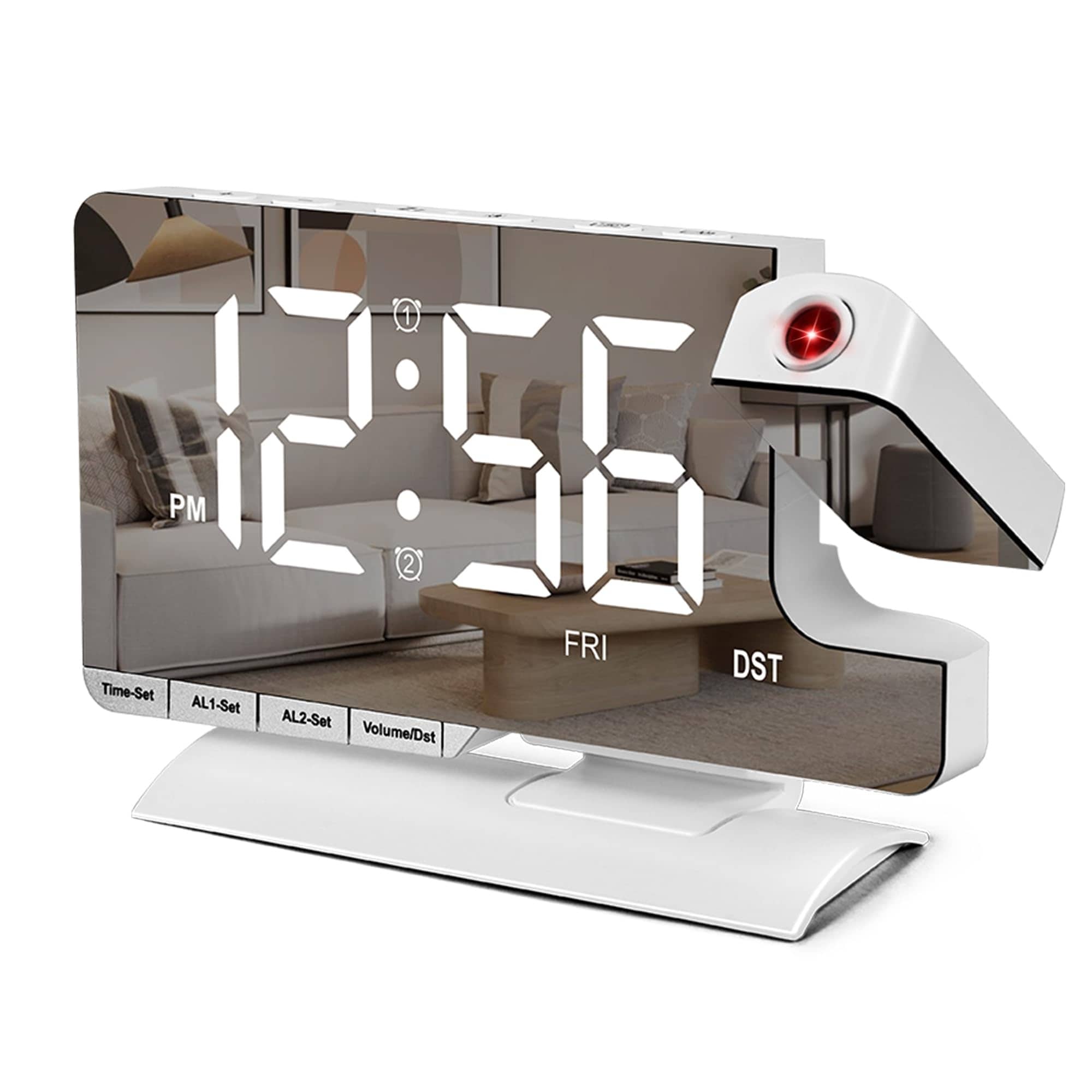 Phewnyzo  Digital Alarm Clock with 180 Degree Rotating Projector 7 Inch Mirror Display Dual Alarms 6 Level Brightness 5 Volume Levels USB