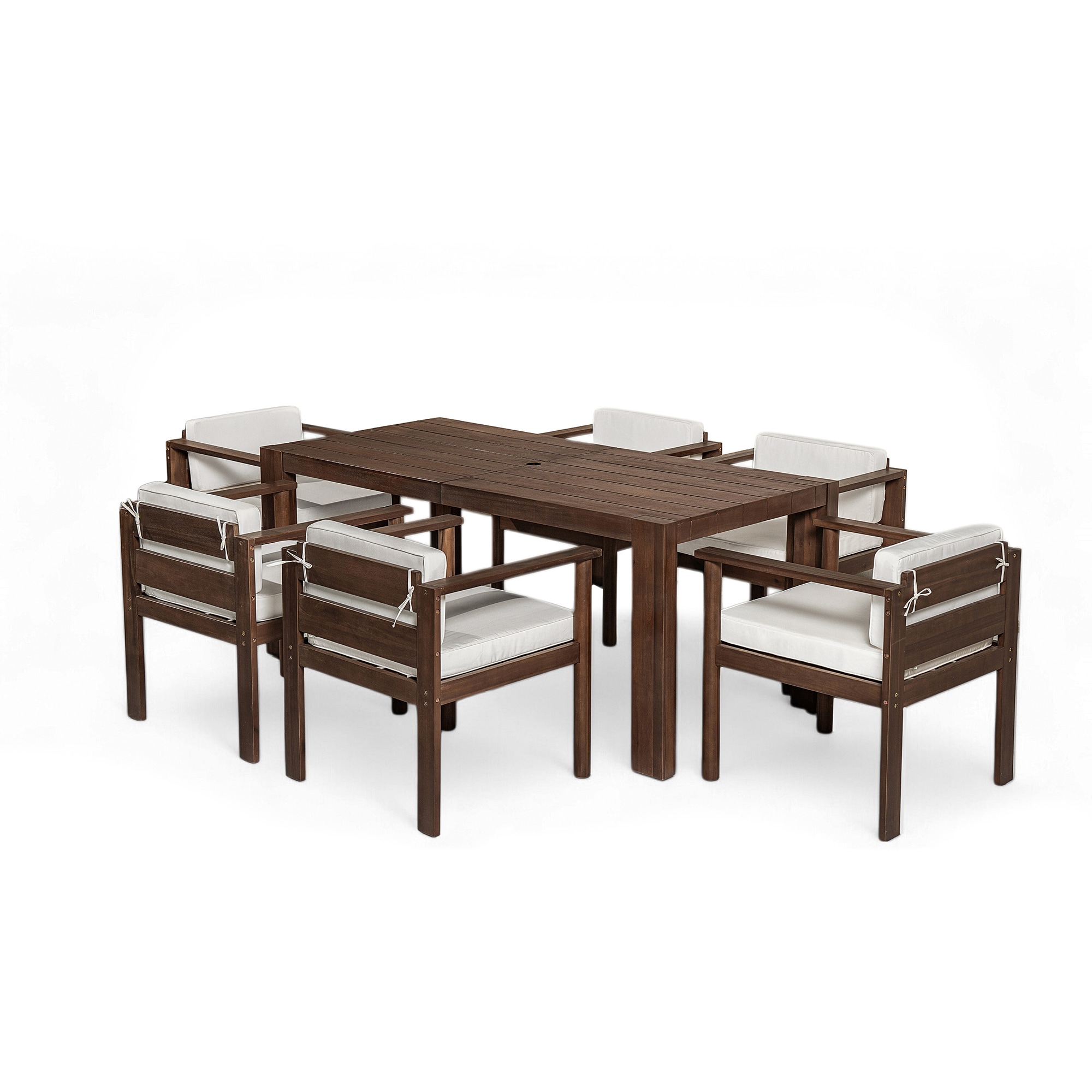 SINOFURN SYA370197WT 7 -Piece Mocha Patio Dining Set Wood Rectangle Table with 6 Beige Cushions Stationary Chairs