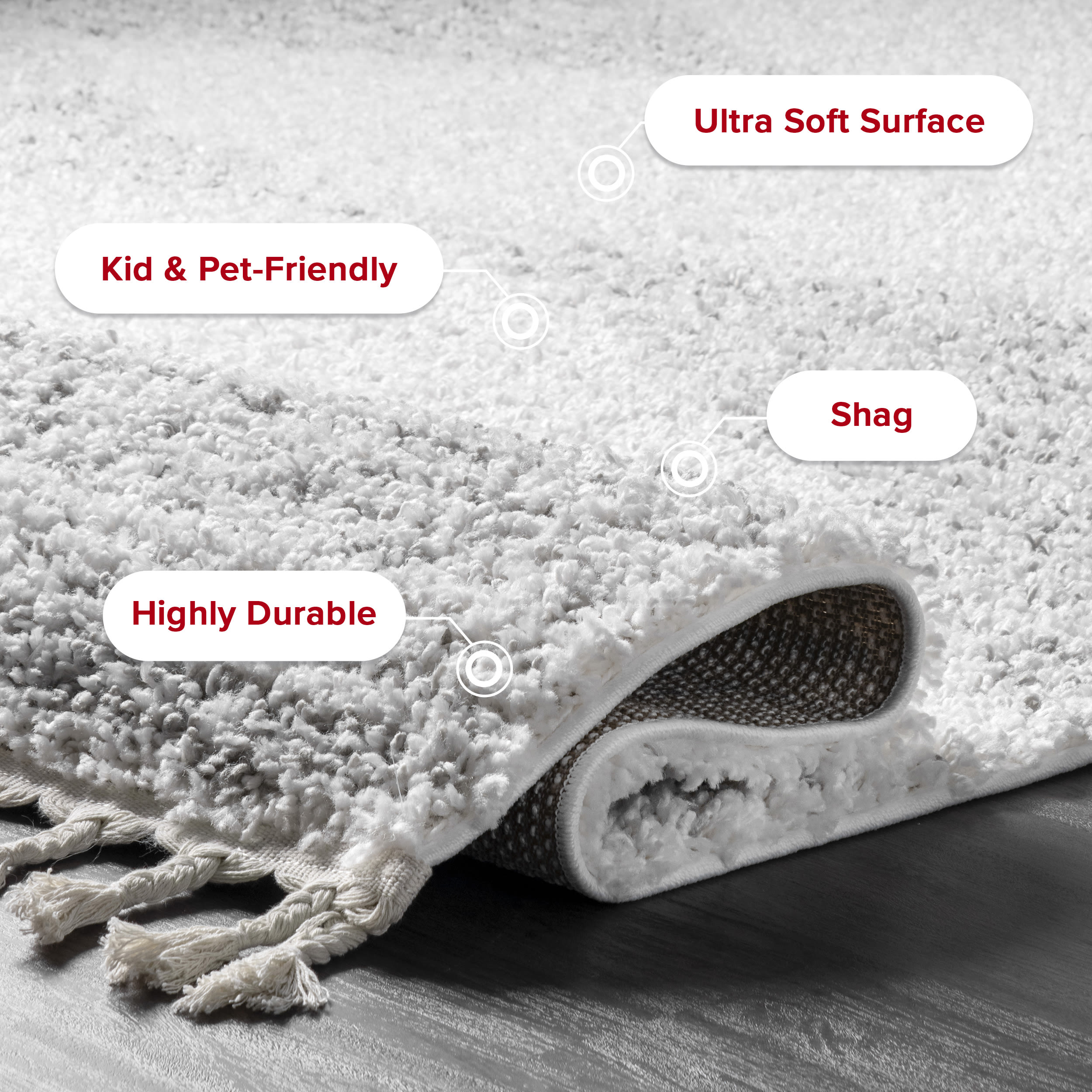 Plush White Synthetic Braided Tassel Shag Rug 5'3" x 7'7"