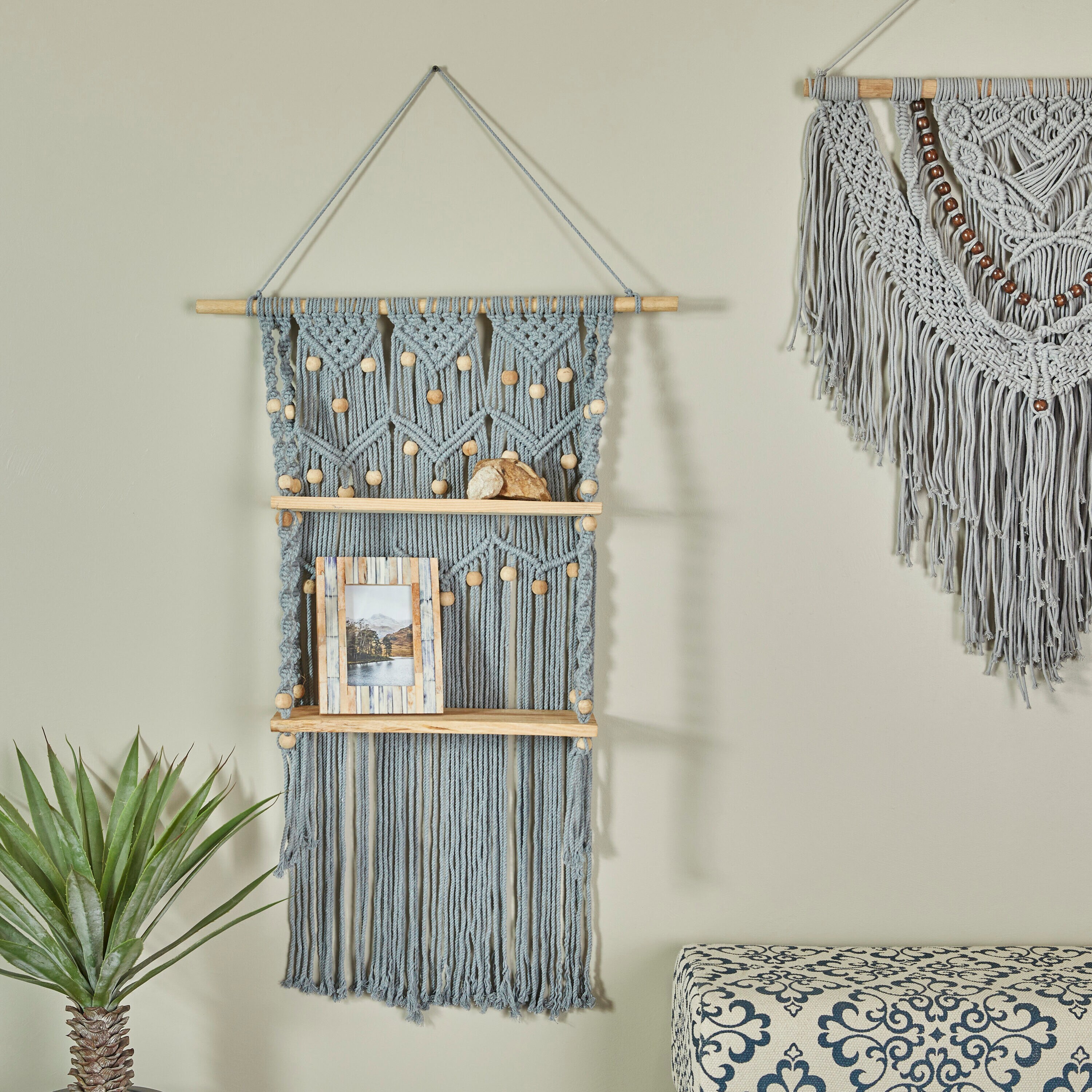 Macrame Wrapped Mirror Vanity with 3-tier wood shelves, my