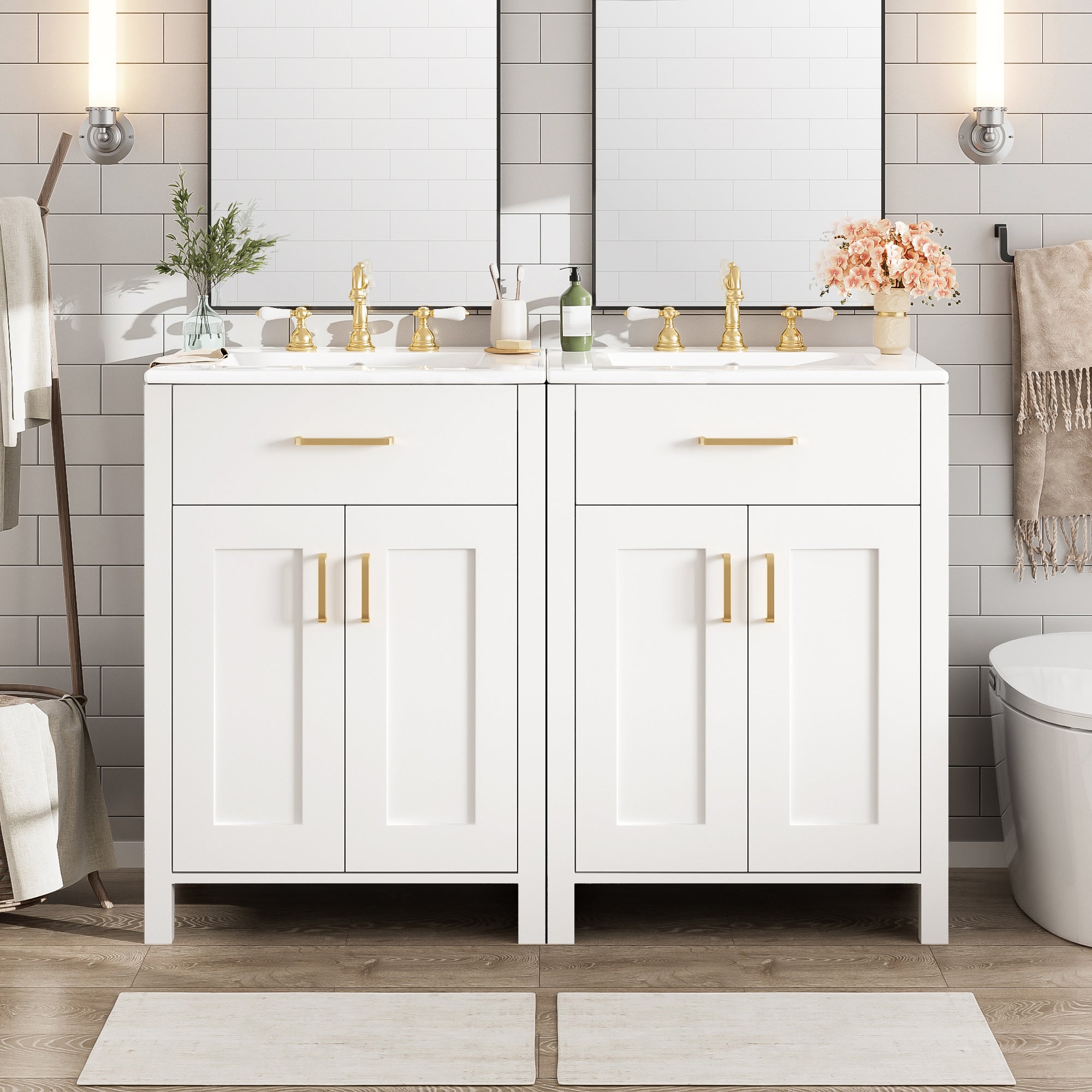 Boyel Living BL-VY-0008K 48 Inch Modern Double Bathroom Vanity with Dual Ceramic Sinks and Soft-Close Doors and Flip Drawer and Gold Handles and Adjustable U-Shaped Shelf
