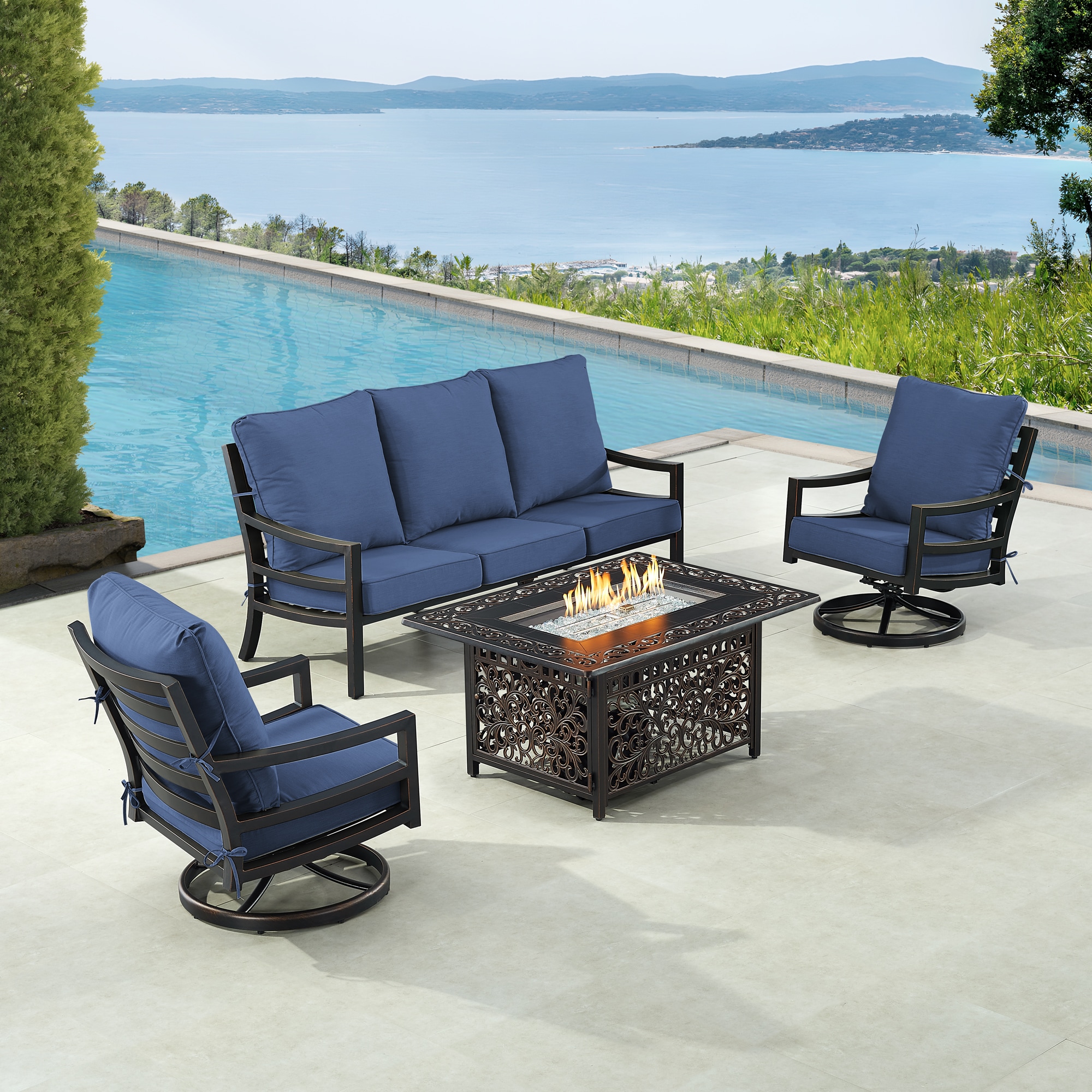 Oakland Living HUDSON1SF2CHCABOSBLC Fire Pit Table Set, Sofa and Two Lounge Chairs 15 -Piece Patio Sofa Conversation Set with Blue Cushions