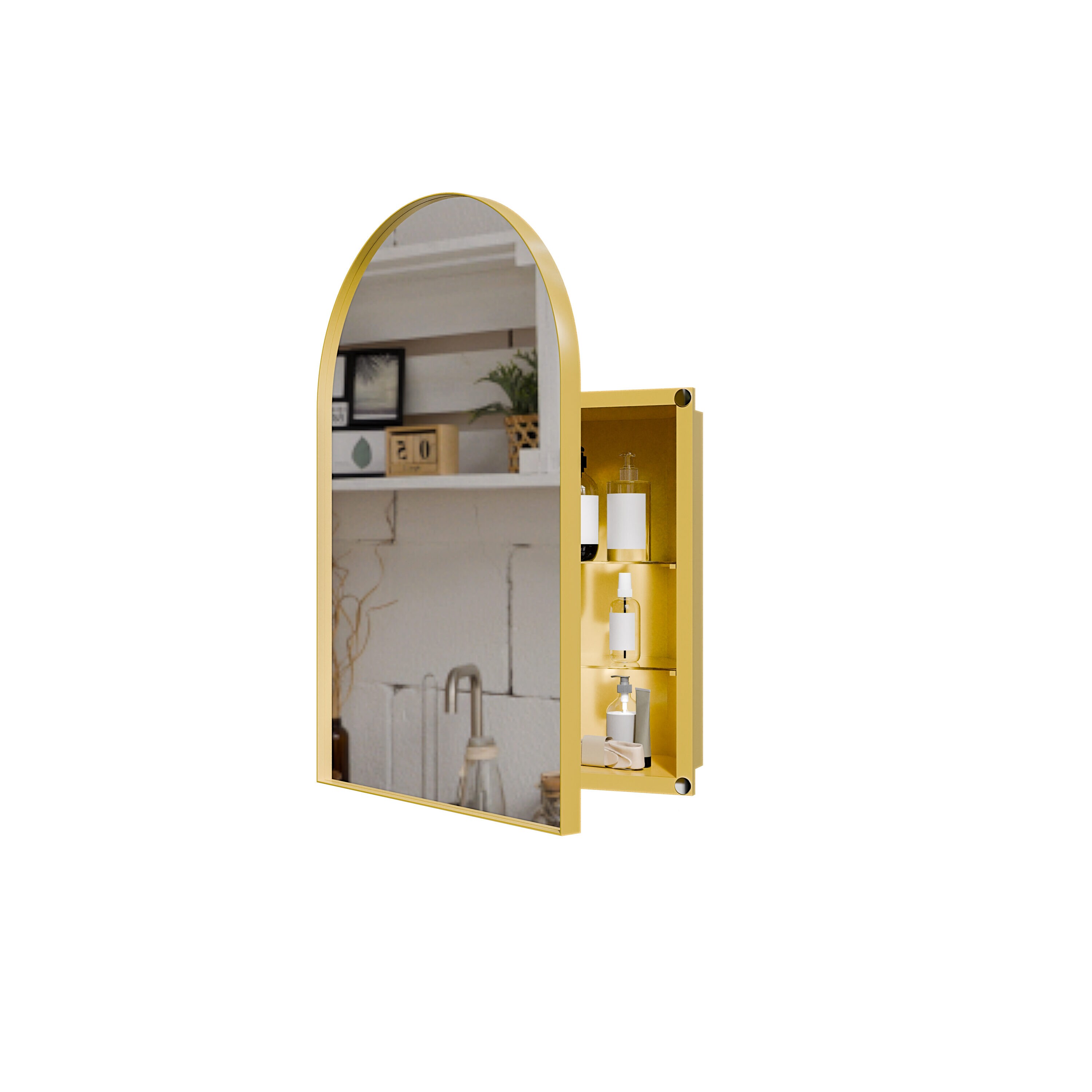 Vanityfus 18-in W 24-in H Metal Corner Bathroom Medicine Cabinet with Arched Mirror Adjustable Glass Shelves-Matte Gold