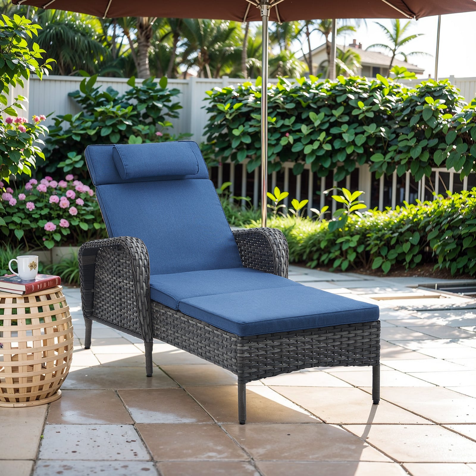 0 PA141-1 PACHAIRS-T Wicker Gray Steel Frame Stationary Conversation Chair with Navy Cushioned Seat