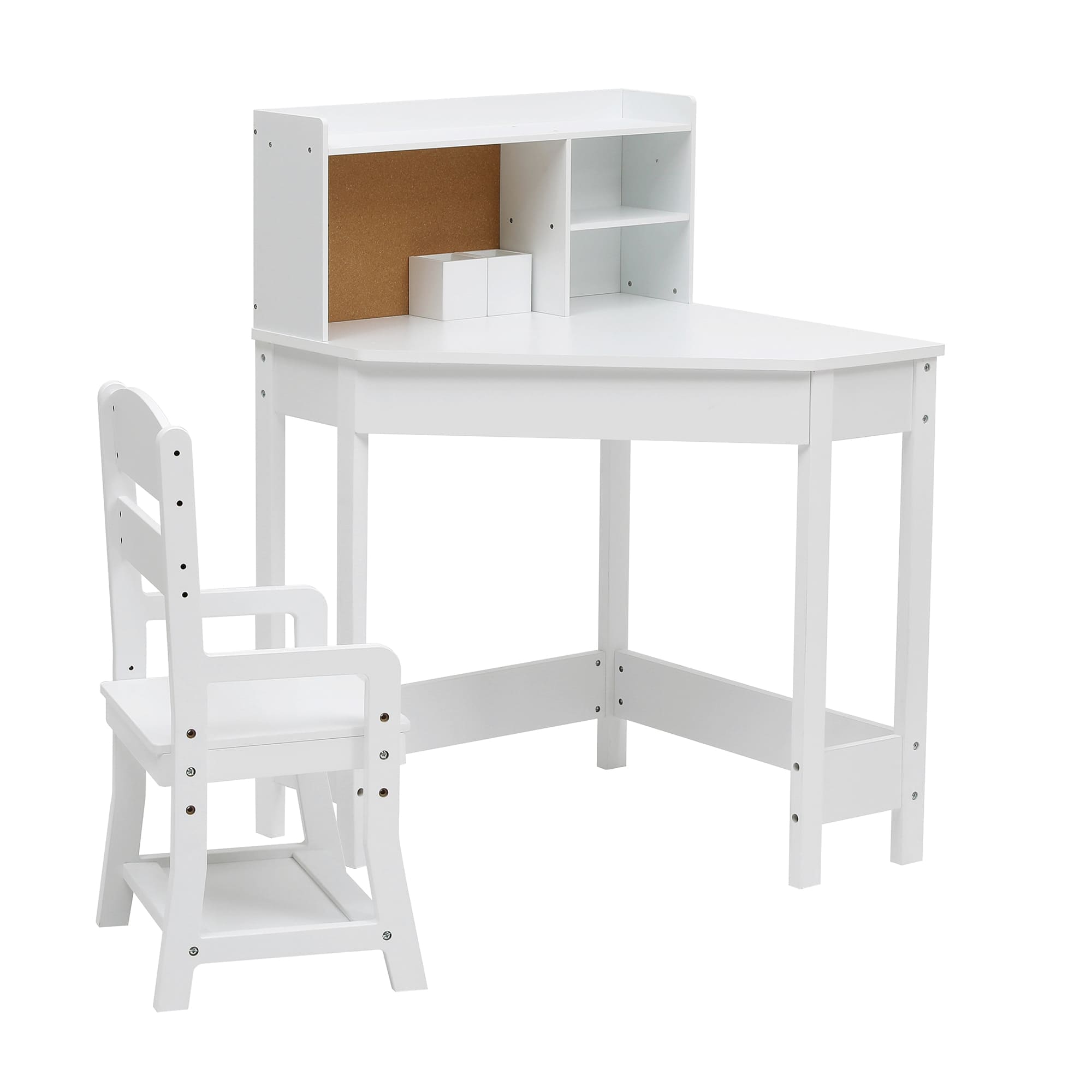 Qeetex SUN-PHK-335DKWQG Kids Study Desk and Chair Set Corner Wooden Homework Table with Hutch Adjustable Chair Cork Board and Storage