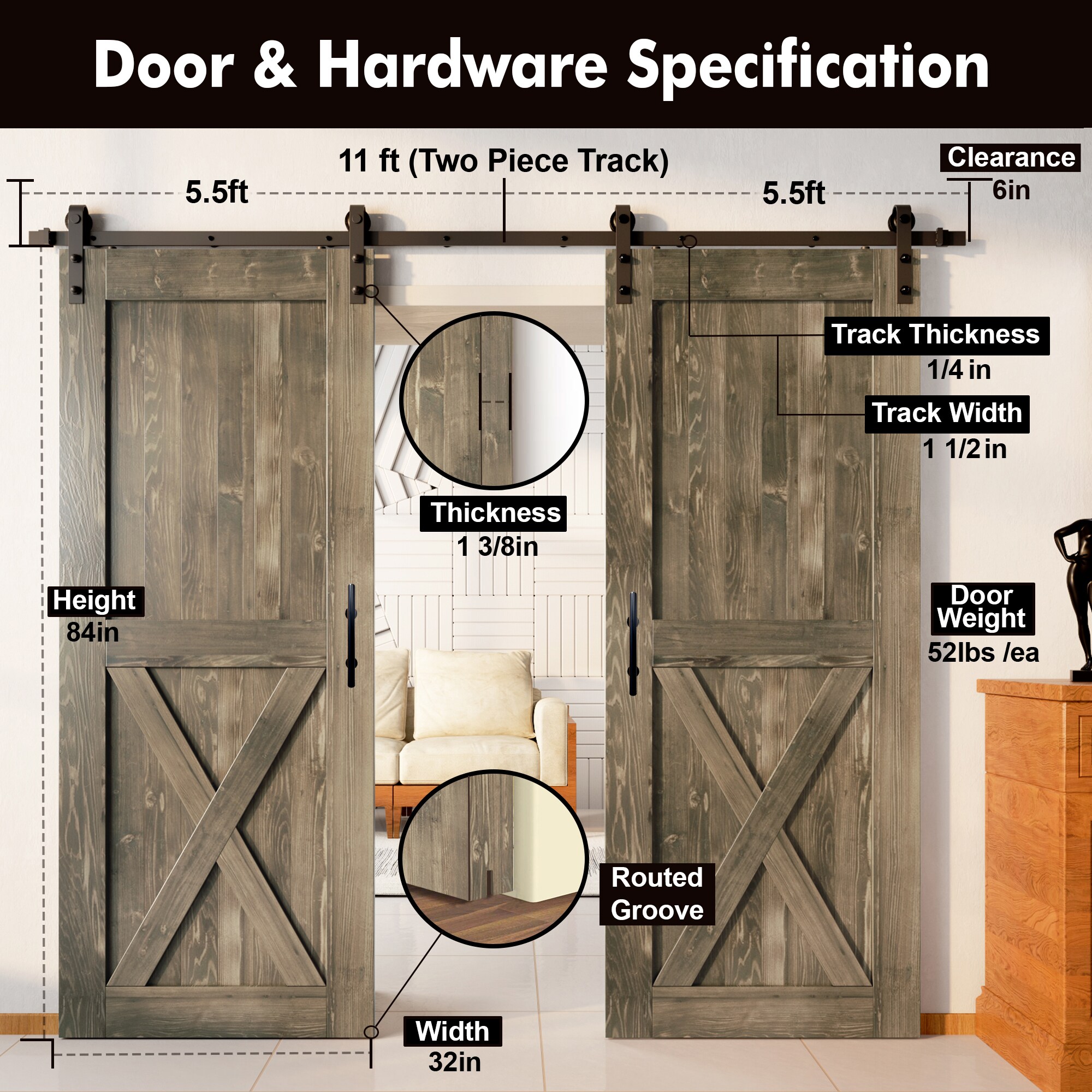 HOMACER YT2TGH132C-3284-X-GR Barn-Doors - View #7