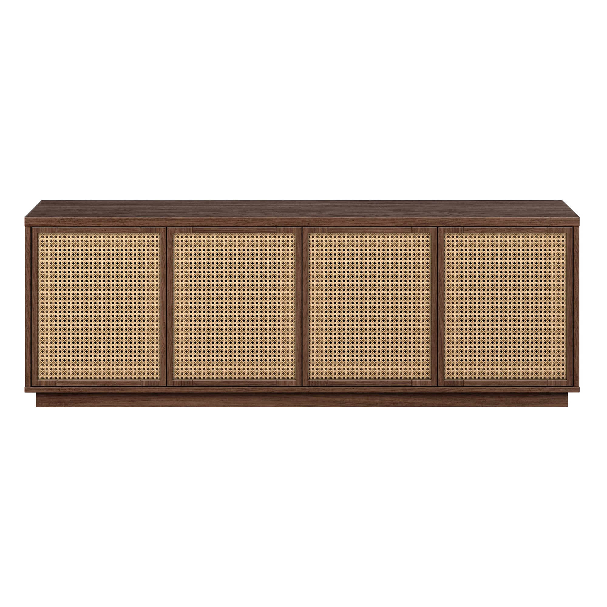 Satin Walnut Rectangular TV Stand with Faux Rattan Cabinets