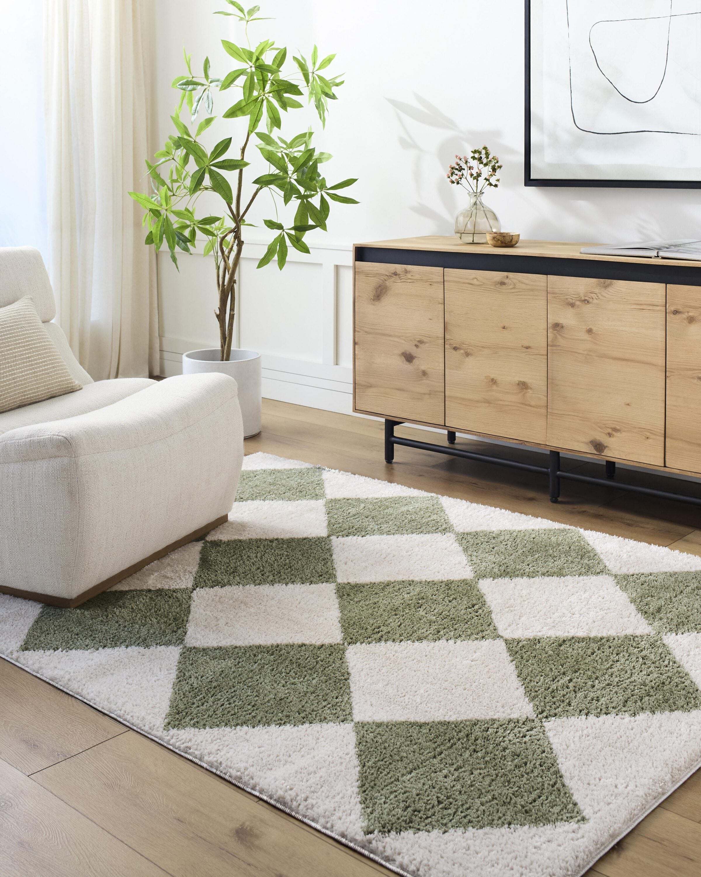 Livabliss FSG2325-679 Fossay Shag 6 x 9 (ft) Flatweave Polyester Light Beige/ Grass Green Rectangular Indoor Mid-Century Modern Machine washable Area rug