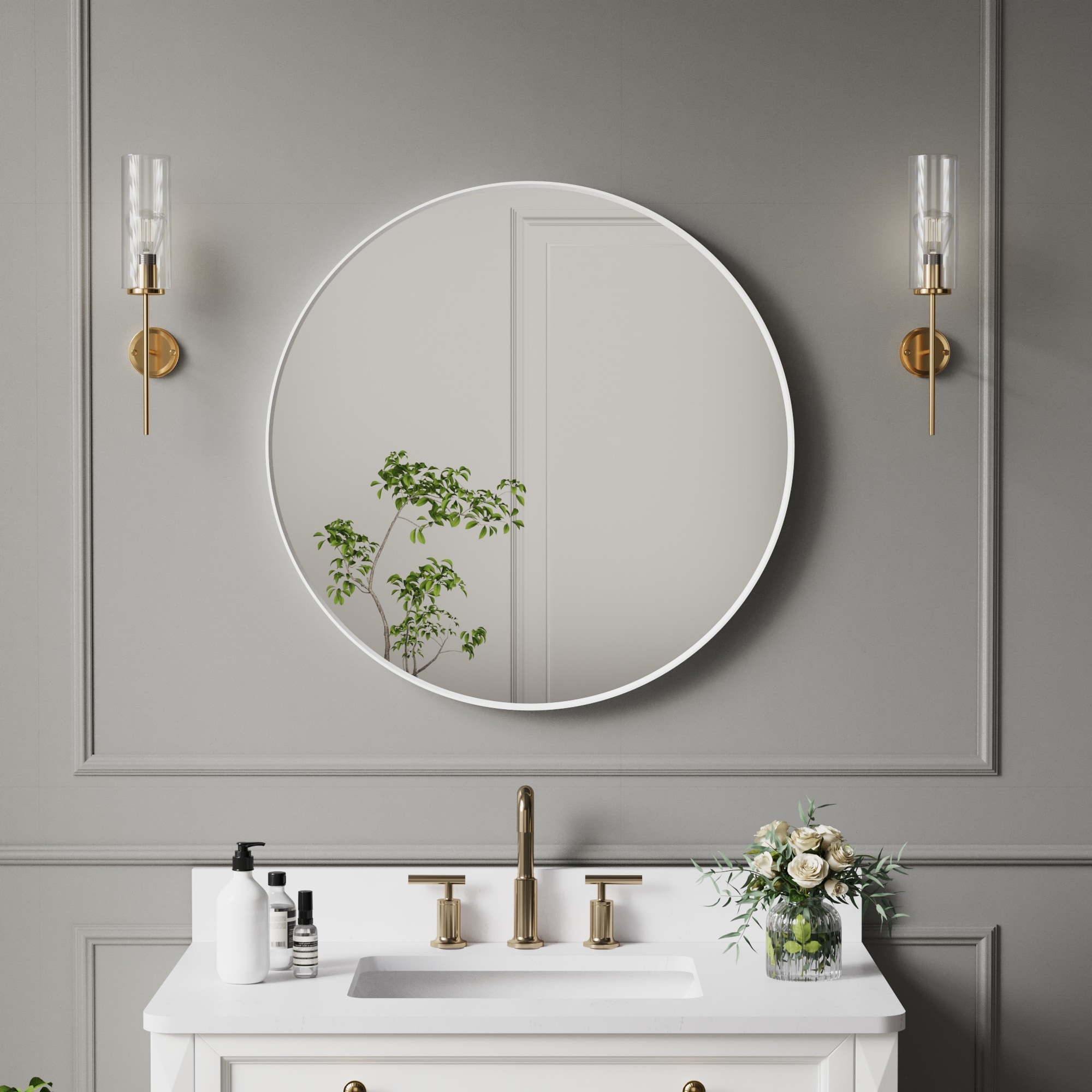 Forclover HYFC-BA637US CMF 28-Inches x 28-Inches Framed Round Bathroom Vanity Mirror ( White )