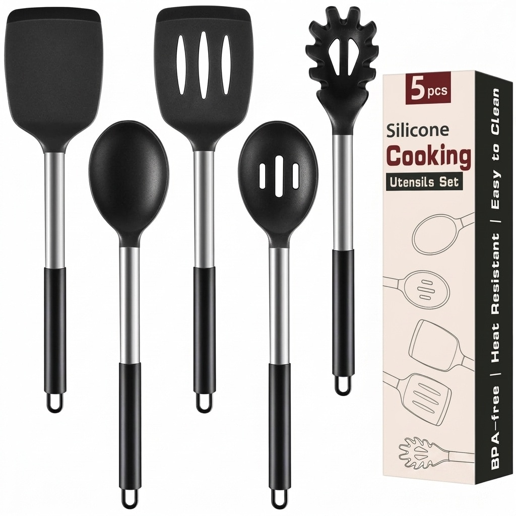 Etokfoks  Silicone Cooking Utensils Set 5pcs Kitchen Tools Heat Resistant Nonstick Safe Spatula Spoon Pasta Server Black