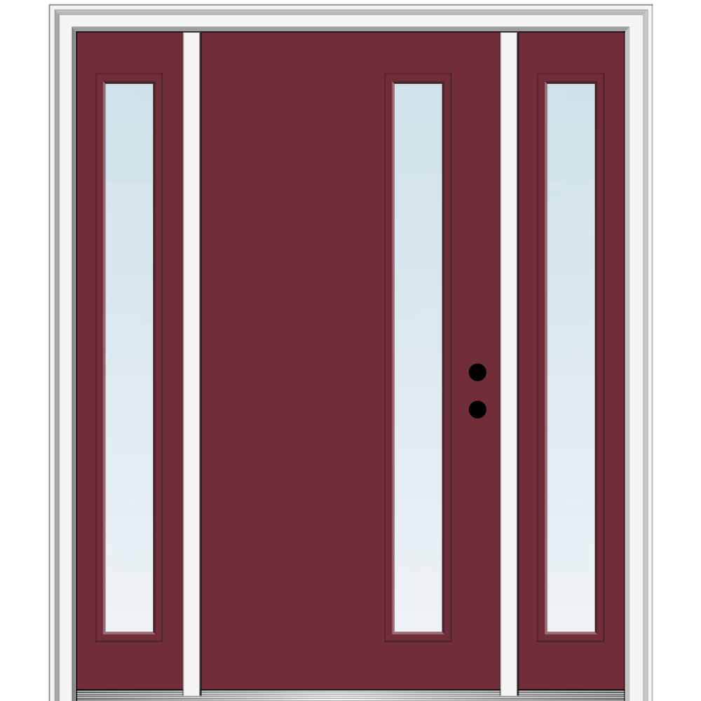 MMI DOOR ZZ345811L 64-in x 80-in x 4-9/16-in Fiberglass Pulse lite Left-hand inswing Burgundy Painted Prehung Front Door with Sidelights with Brickmould Insulating core