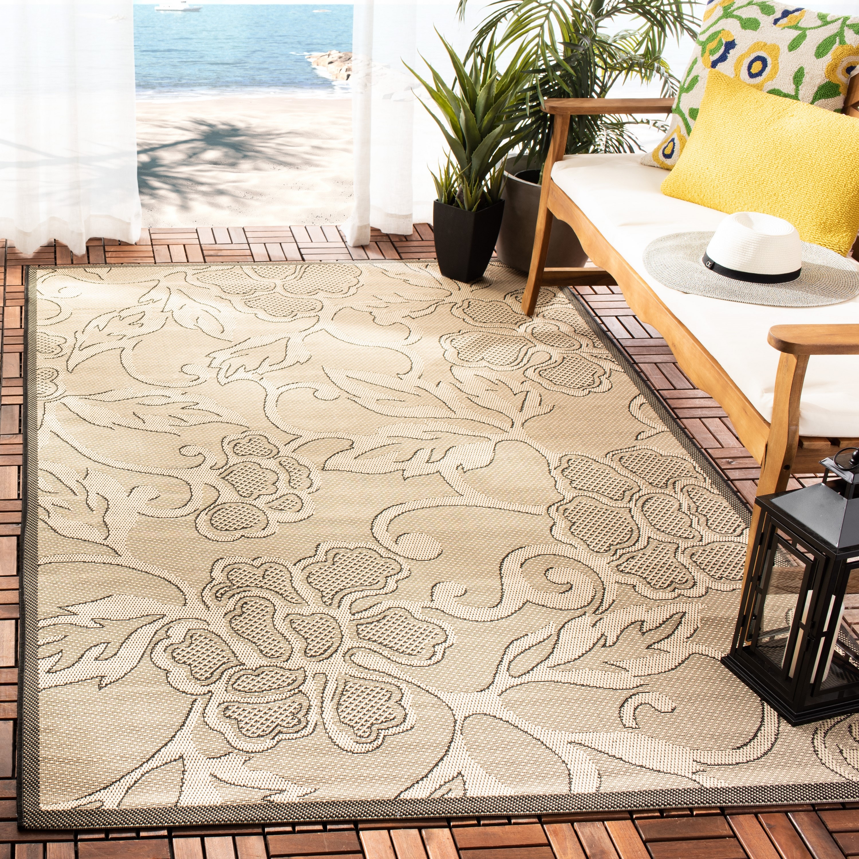 Safavieh CY2726-3901-7SQ Courtyard Lyon 7 x 7 (ft) Loomed Polypropylene Sand/Black Square Indoor/Outdoor Floral/Botanical Coastal Area rug
