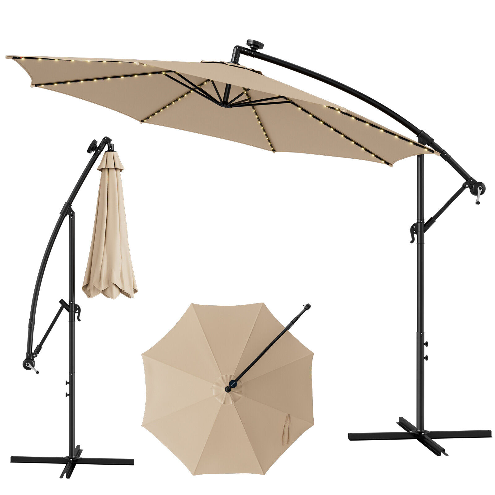 Forclover HBV-822BE 10-Feet Steel Beige Crank Cantilever Patio Umbrella with Lights and