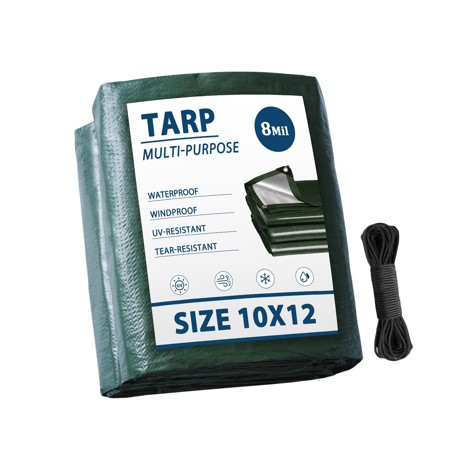 JVFCXXV  Tarp Waterproof 10x12 Multi Purpose Green Camping Tarps 8Mil Thick with Reinforced Grommets for Under Pool Emergency Rain Cover Outdoor
