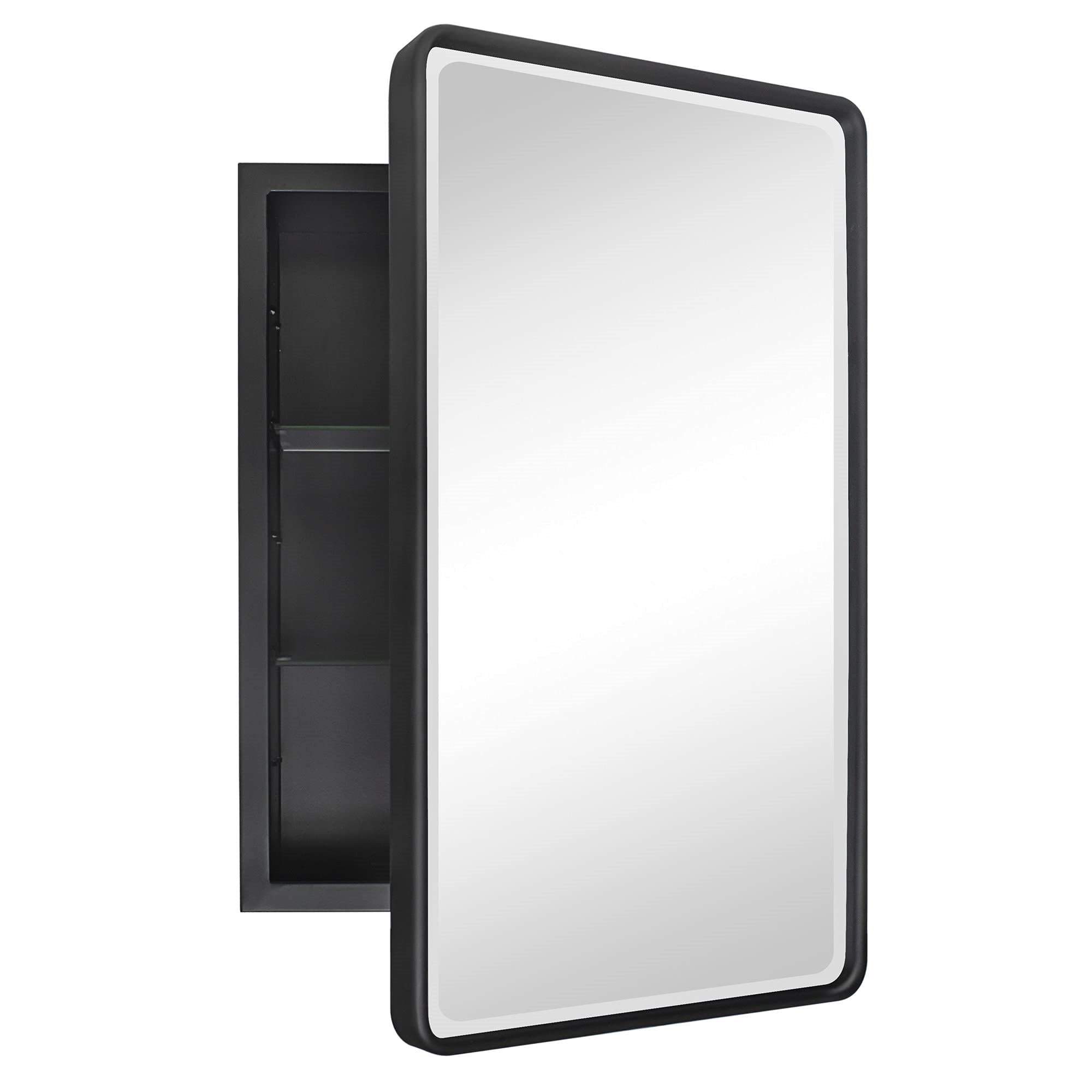 TEHOME GC-00134 16-Inches x 24-Inches Recessed Mount Matt Black Mirrored Rectangle Medicine Cabinet