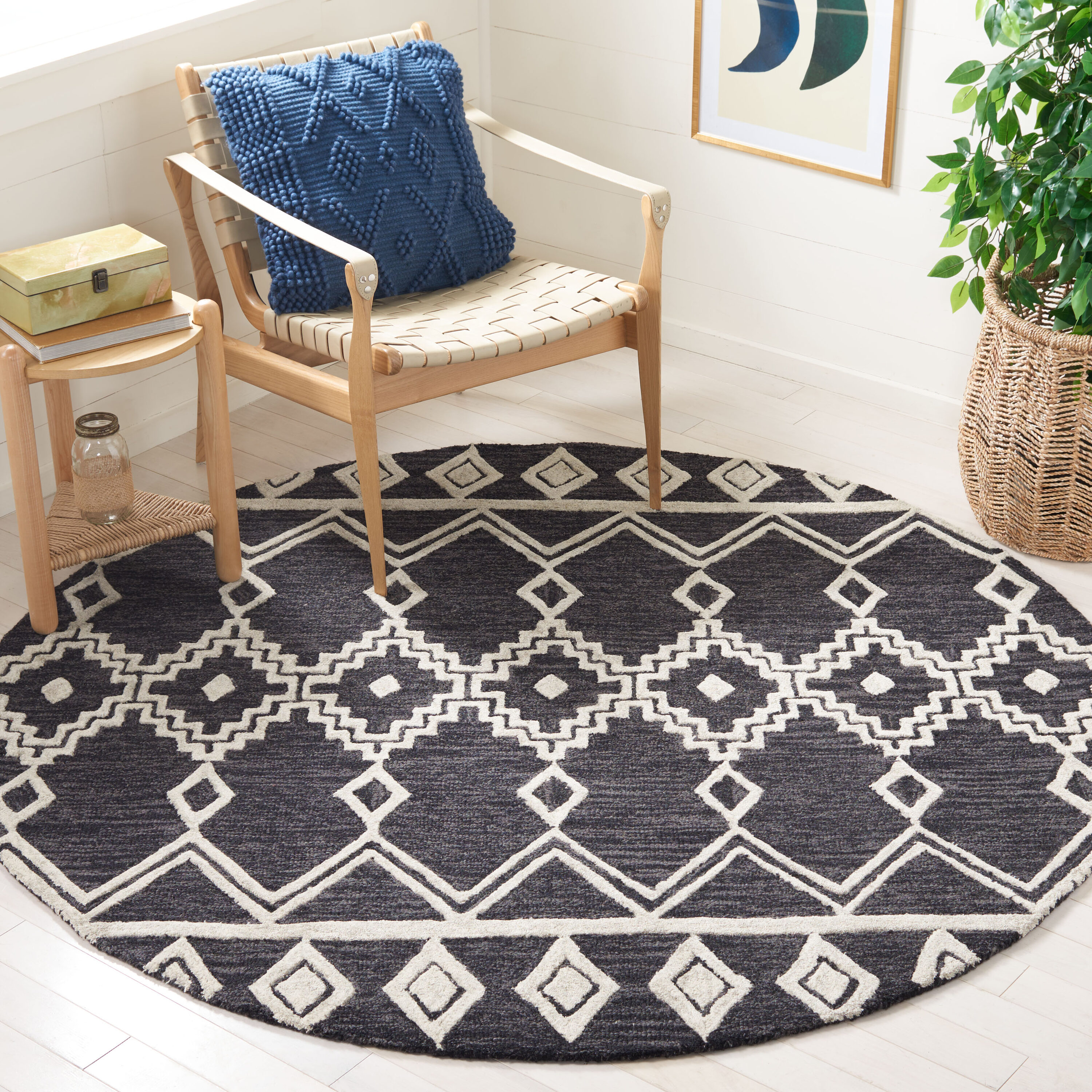  Abstract 851 Black/Ivory Bohemian 6ft x 6ft Round Rug