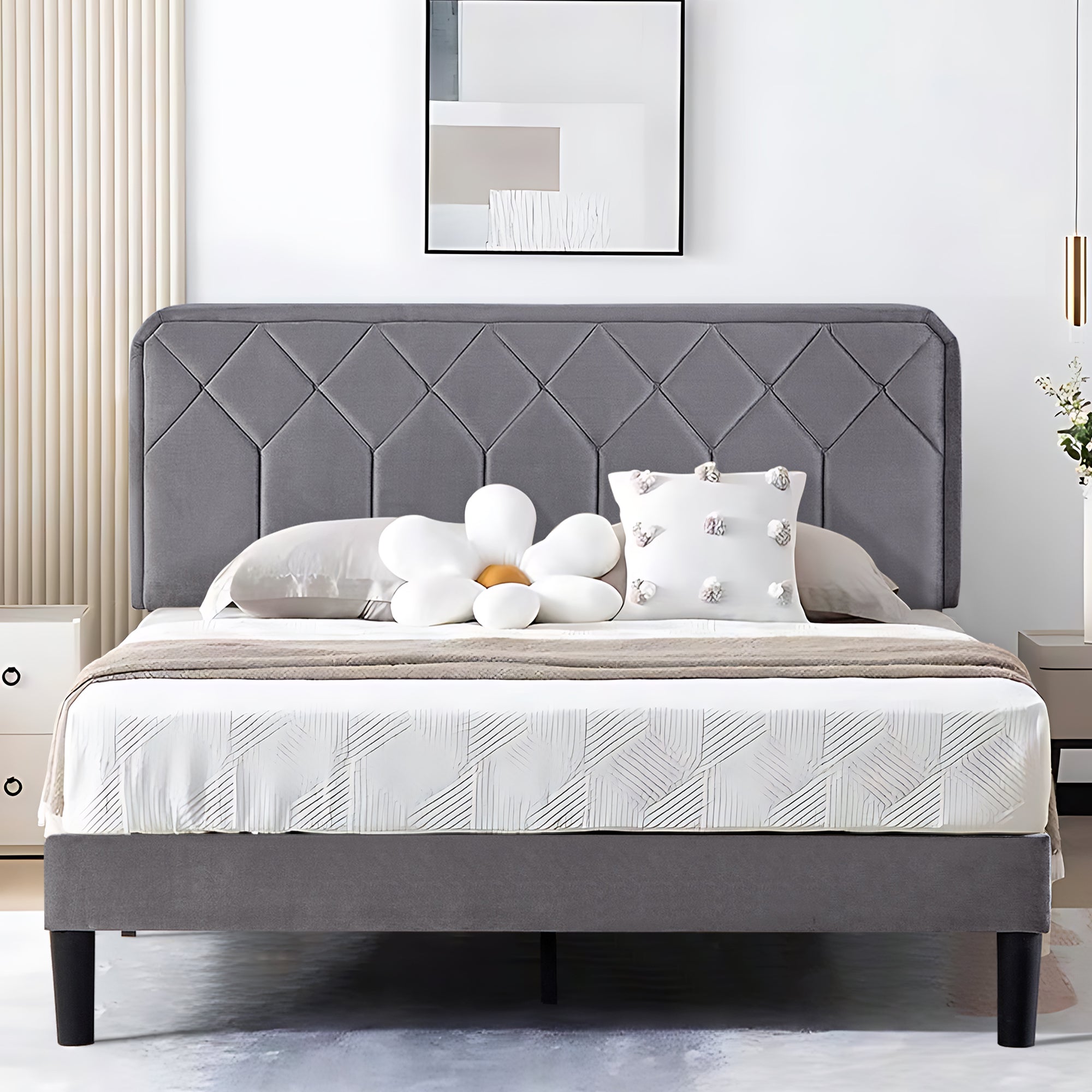 Vecelo LOE-CY-QB02-DGRY Queen Size Bed Frame Velvet Upholstered Platform with Adjustable Headboard Easy Assembly Dark Gray