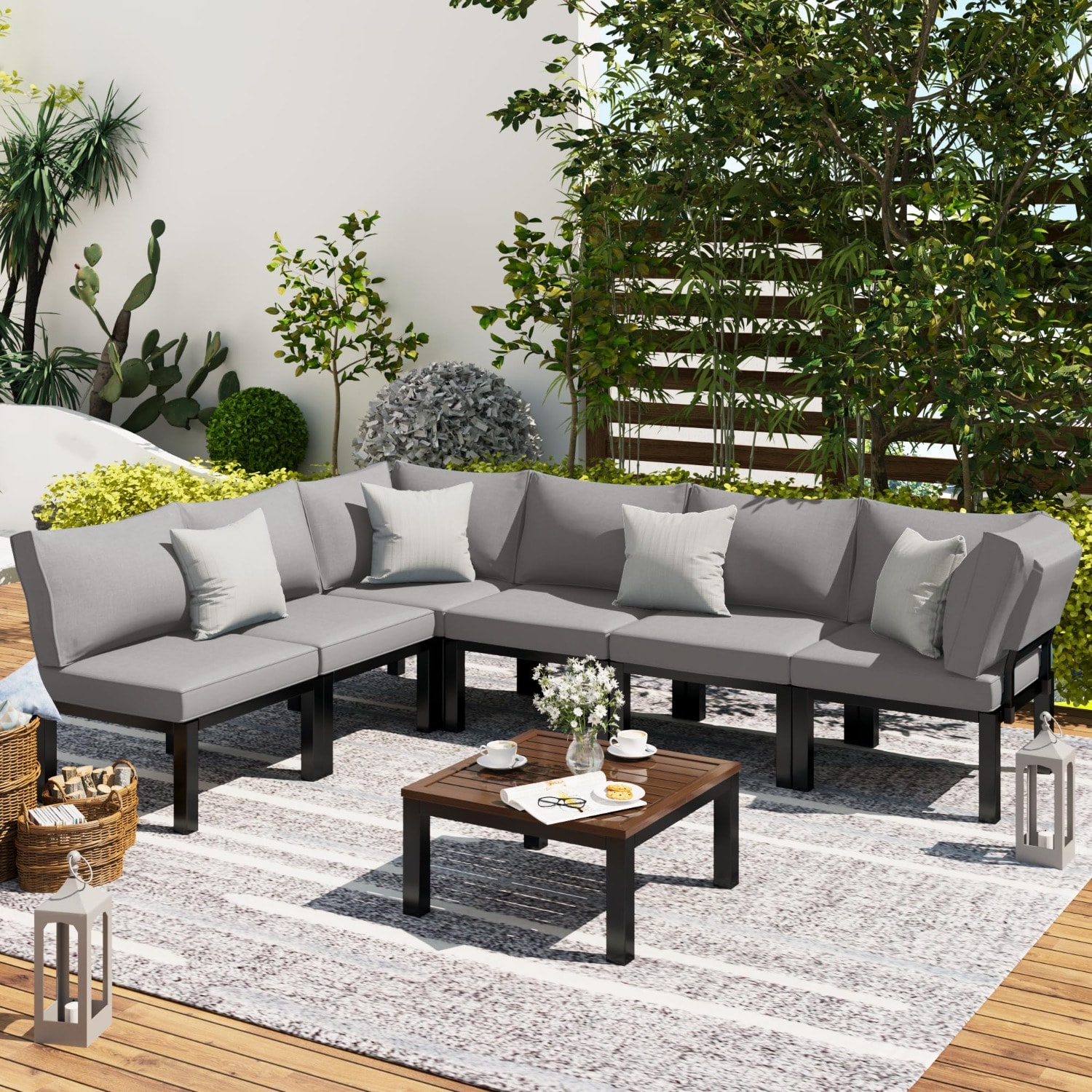 AECOJOY 16077GR-LS01 Conversation Set Outdoor Sectional with Gray Cushions and Iron Frame