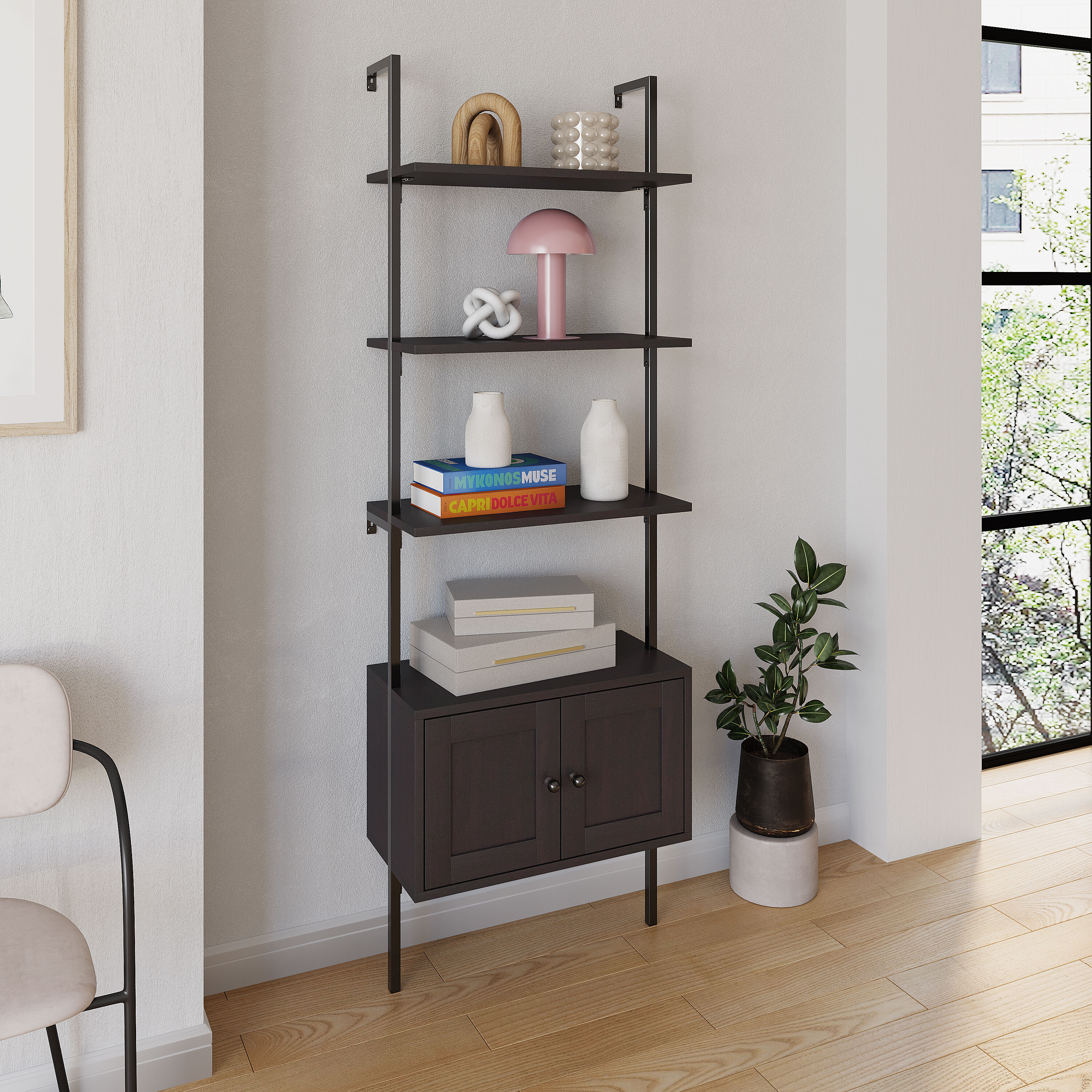 happimess MSH1002A 23.62-in L x 13.78-in D x 72.05-in H Black MDF Rectangular Tiered shelf 3 Decorative Shelves