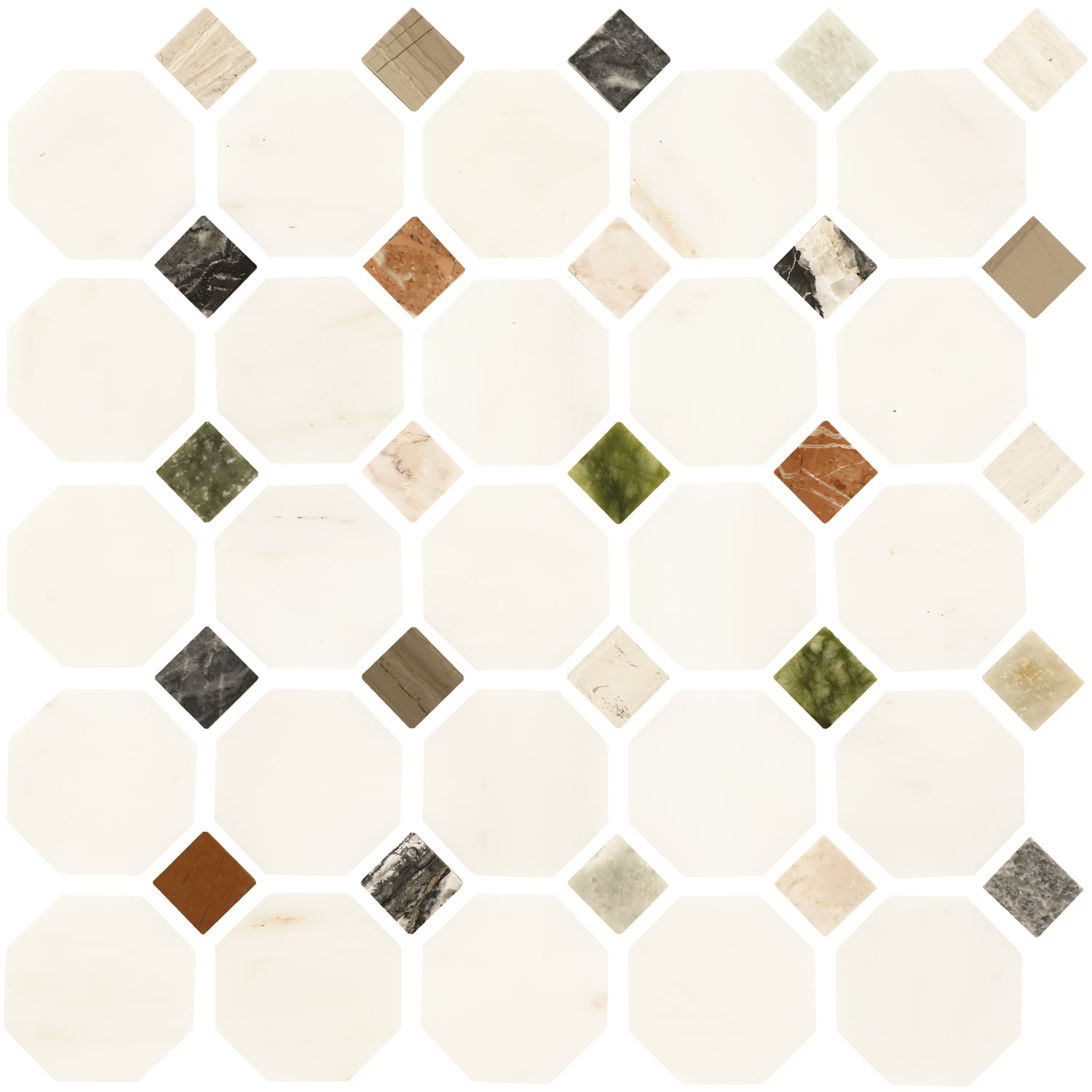 Daltile Genuine Stone White With Multicolor 12-in x 12-in Honed Natural stone Marble Marble look Octagon Mosaic Floor and Wall Tile ( 0.9-sq ft Piece )