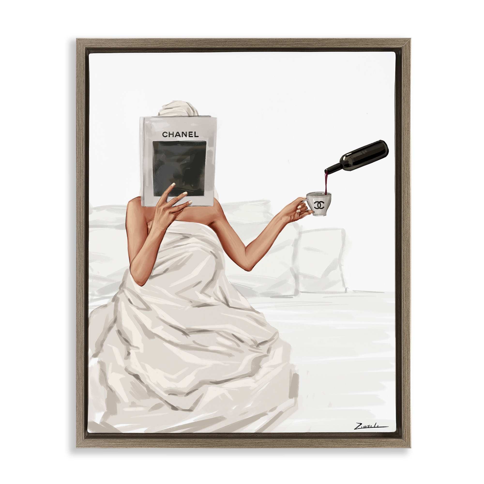 Stupell Industries BT-190-FFE-24X30 Pouring Drink in Bed Brown Framed Floater Canvas Wall Art By Ziwei Li 25 x 31