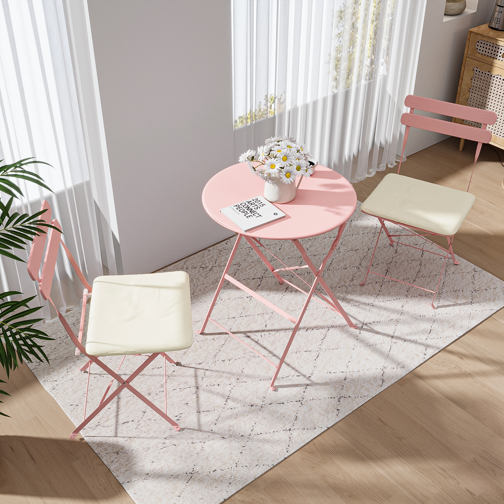 Nestfair HP40296P 3 -Piece Pink Bistro Patio Dining Set Steel Round Table with 2 Off-white Cushions Stackable Stationary Chairs