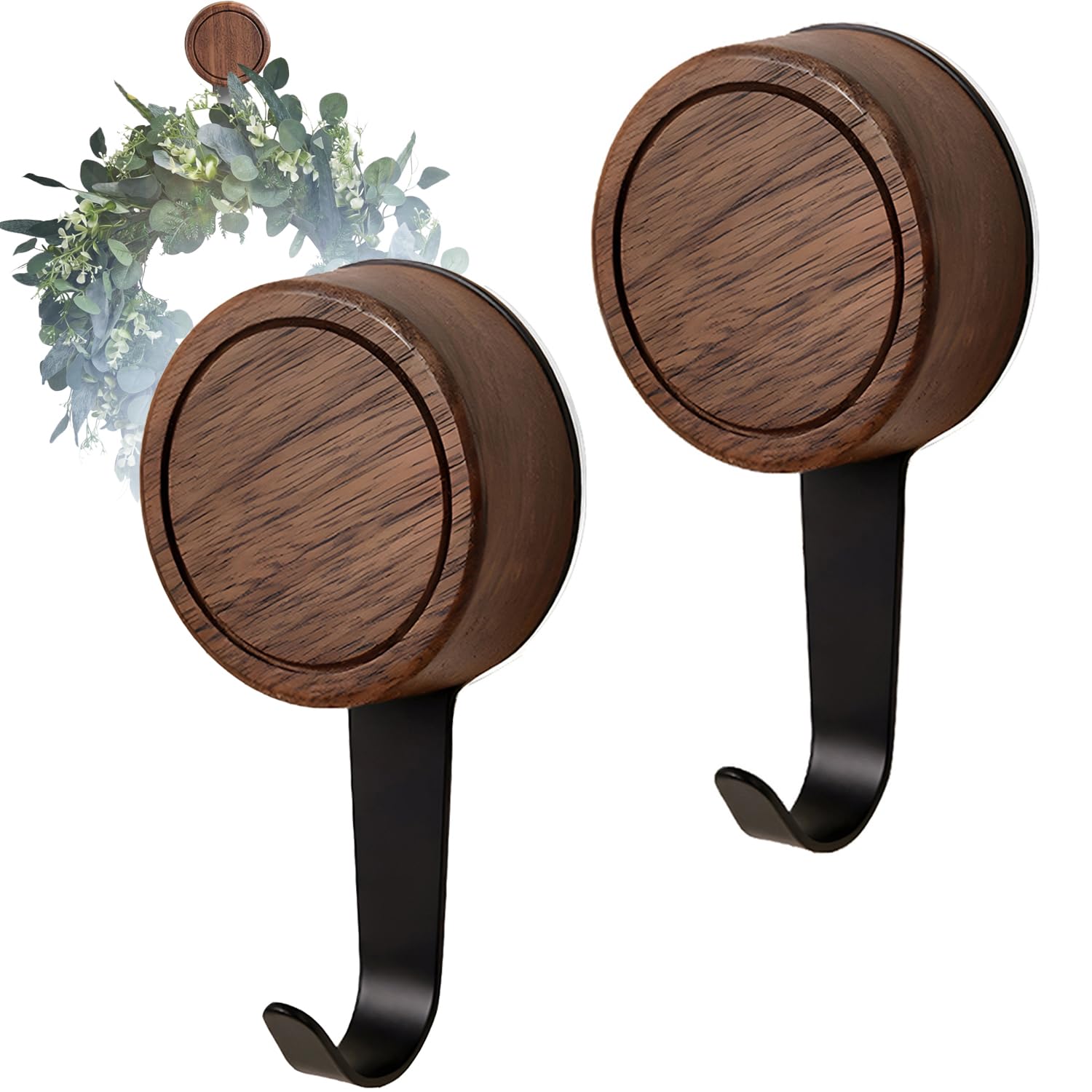 CYIKE -  Walnut Wood Wreath Hanger Suction Cup Hooks for Door Window Indoor Outdoor 2 Pack durabl...