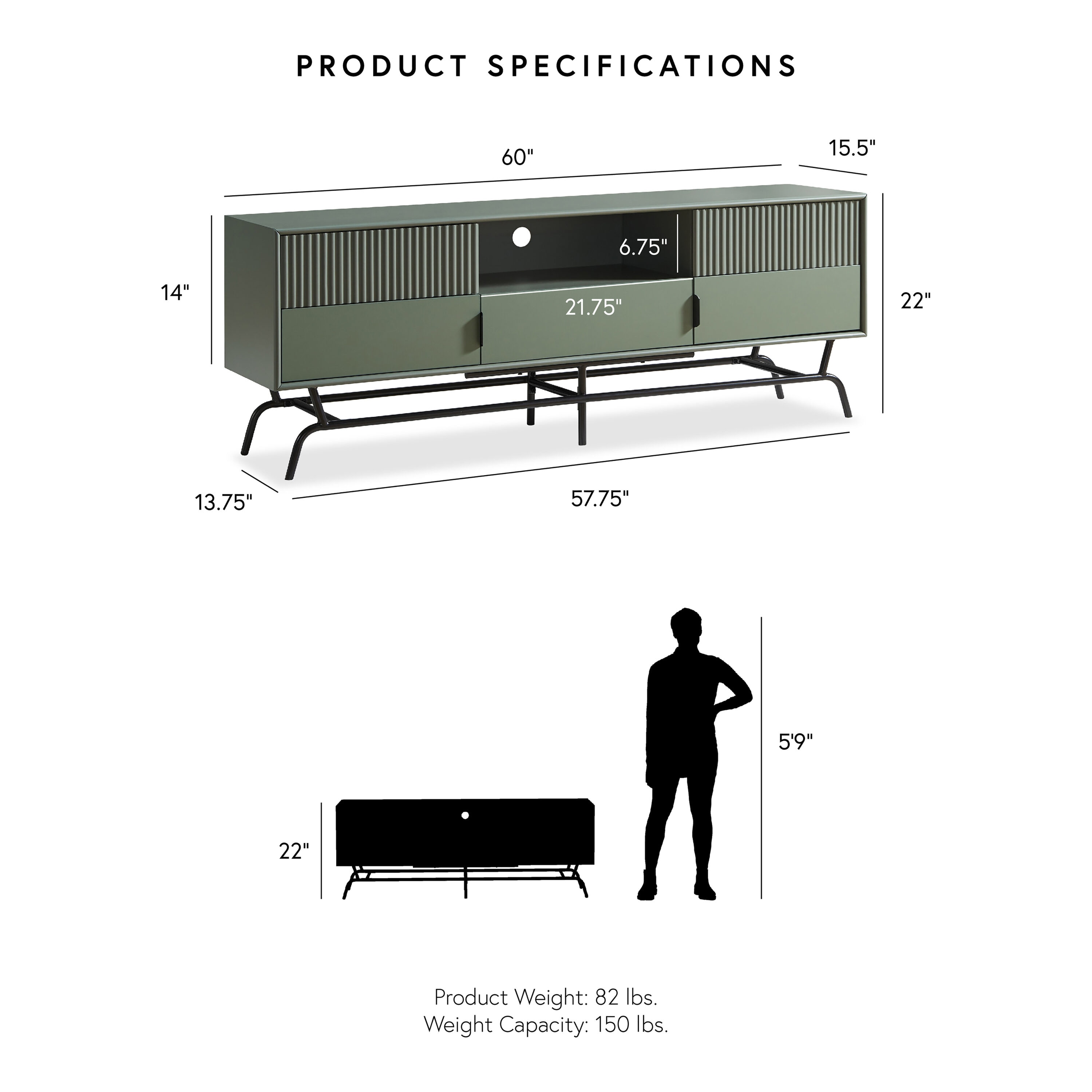 Sage Green MDF and Wood TV Stand with Cabinet and Drawers