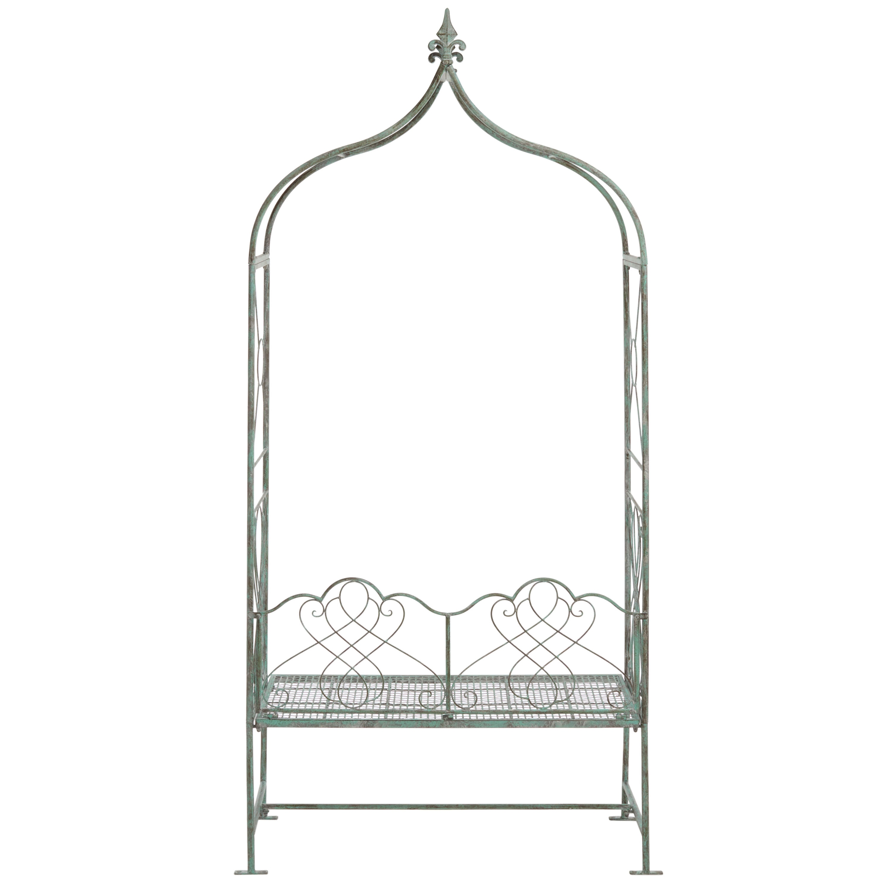 Antique Green Iron Garden Arbor Bench with Victorian Scrollwork