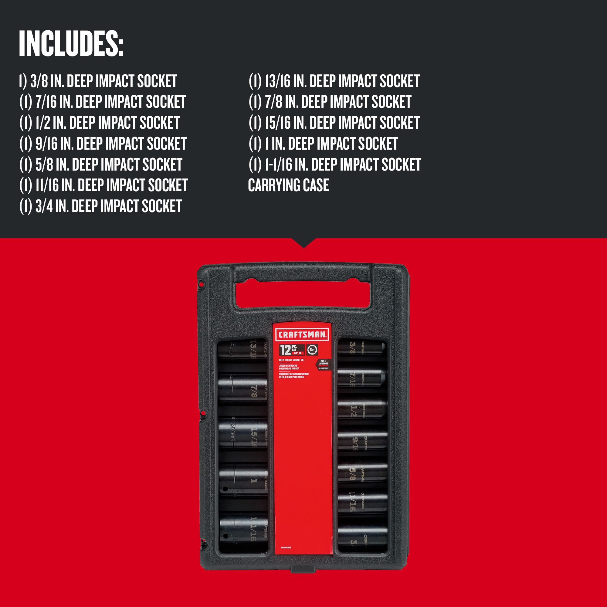 CRAFTSMAN 12-Piece Standard (SAE) 1/2-in Drive Set 6-point Impact Socket Set