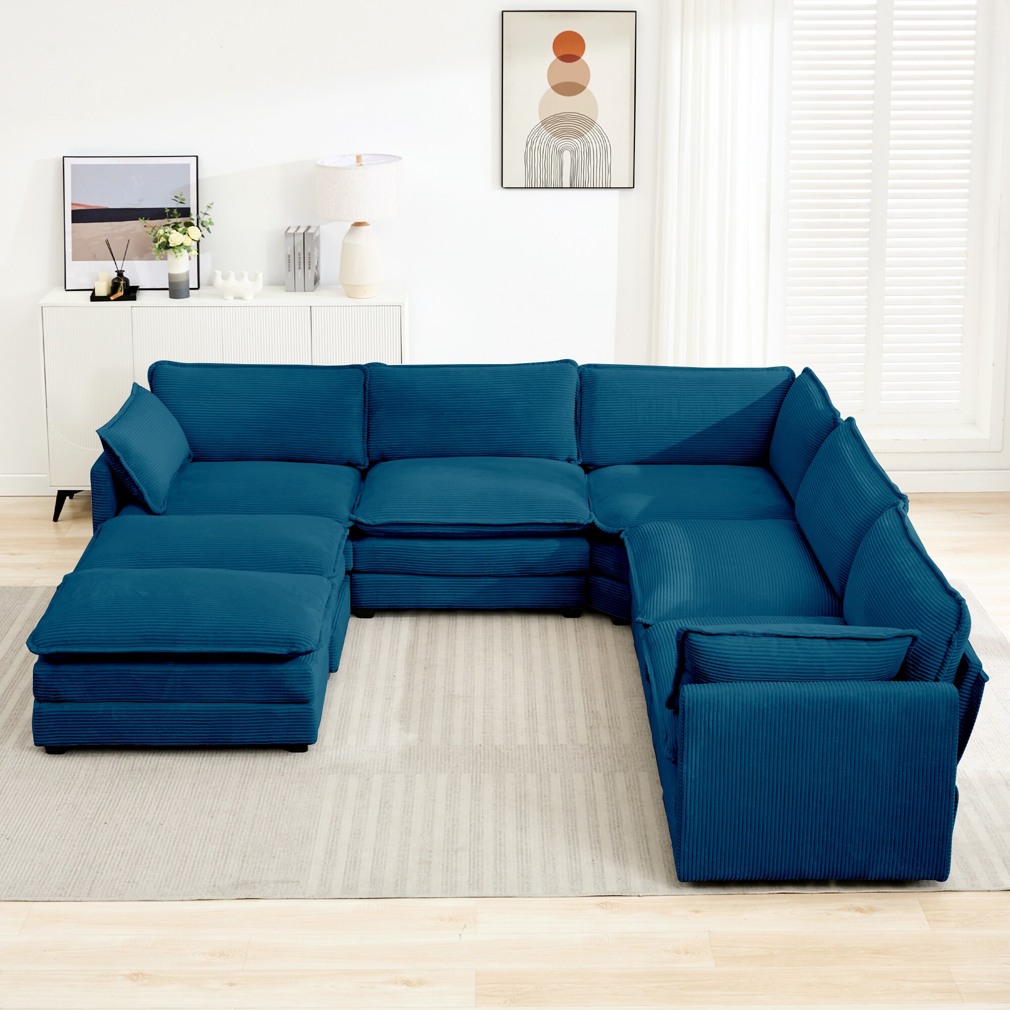 JEAREY 130-Inches Modern Navy Blue Velvet 6+ -seater Sectional
