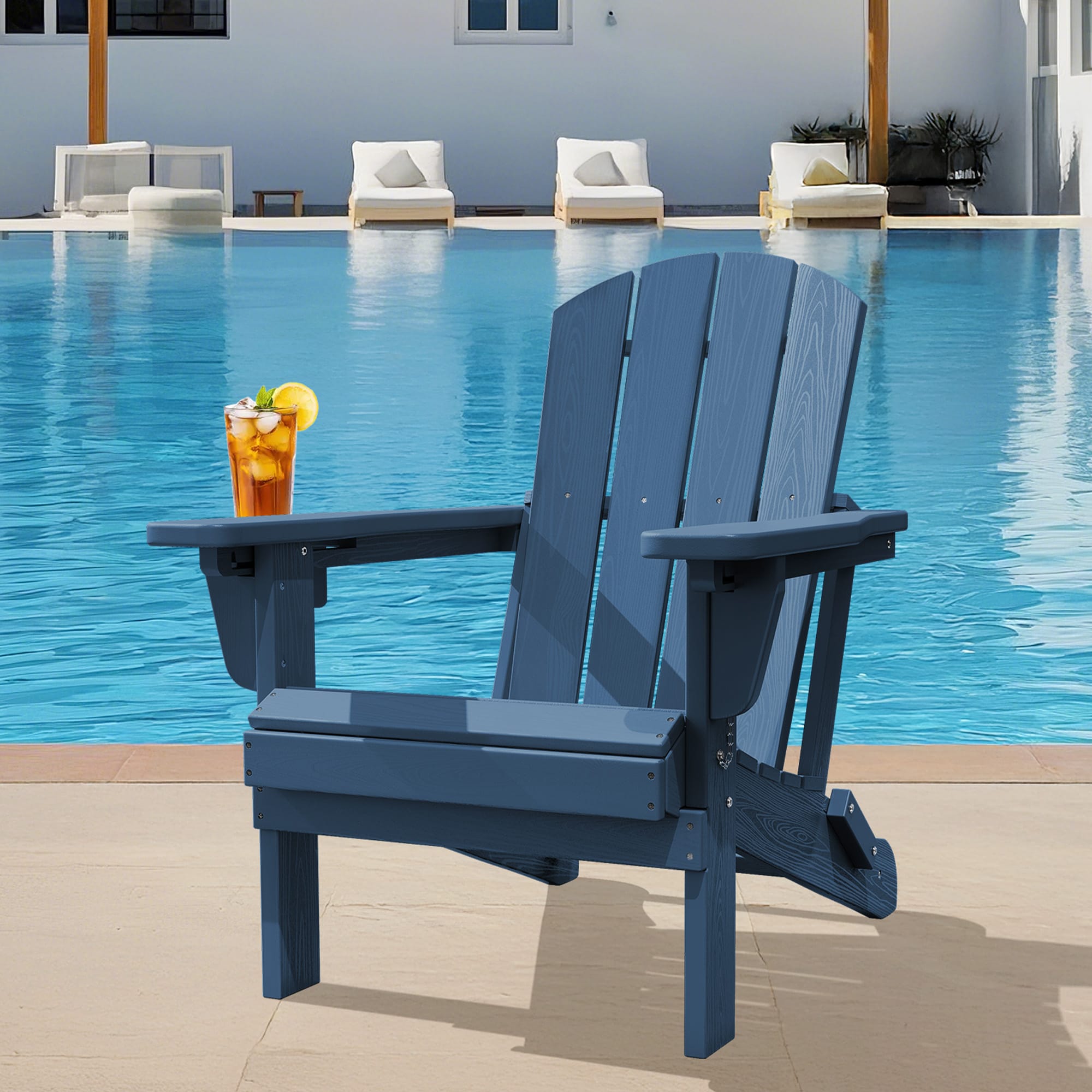 JEAREY PECGTJY-NY HDPE Patio Folding Adirondack Chair with Cup Holder Navy HDPE Frame Stationary Adirondack Chair with Slat Seat