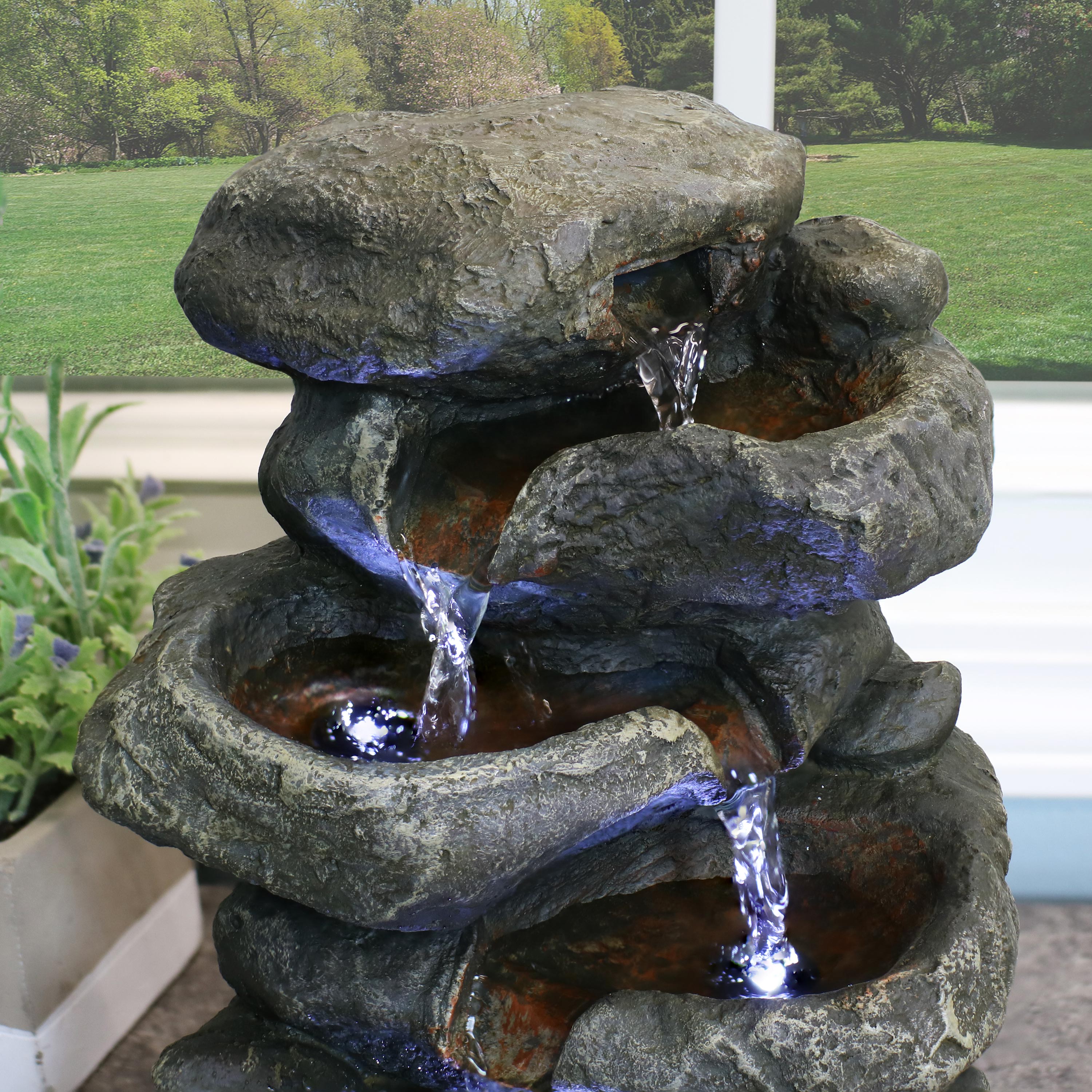Sunnydaze Tiered Rock and Log Tabletop Fountain Feature with LED Lights 