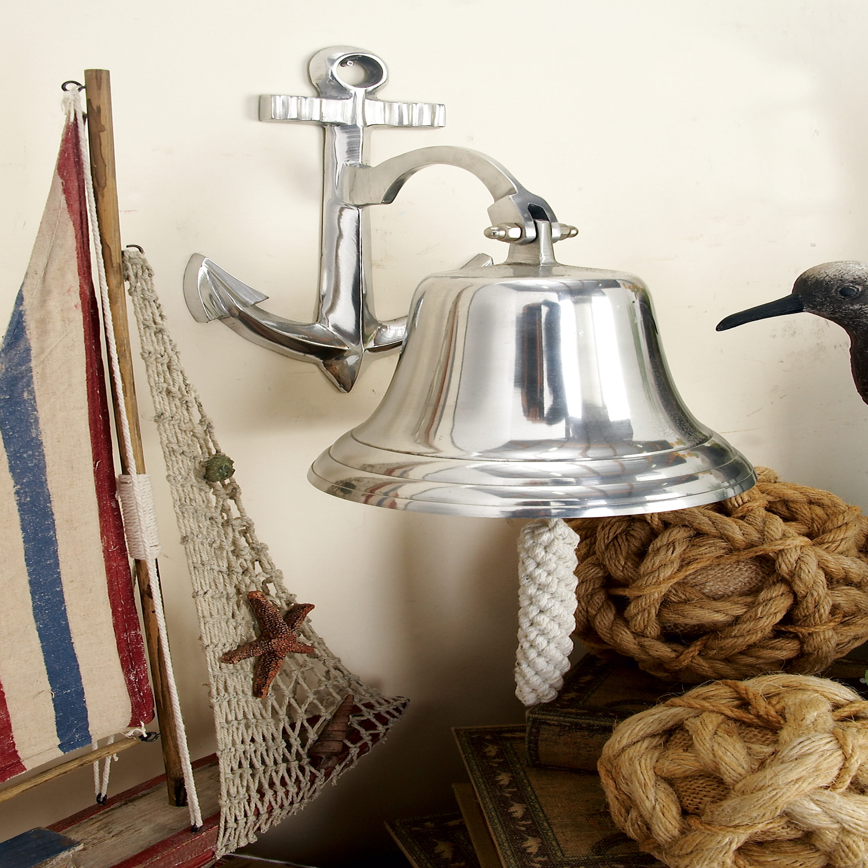 Silver Aluminum Nautical Bell Wall Sculpture with Anchor Backing