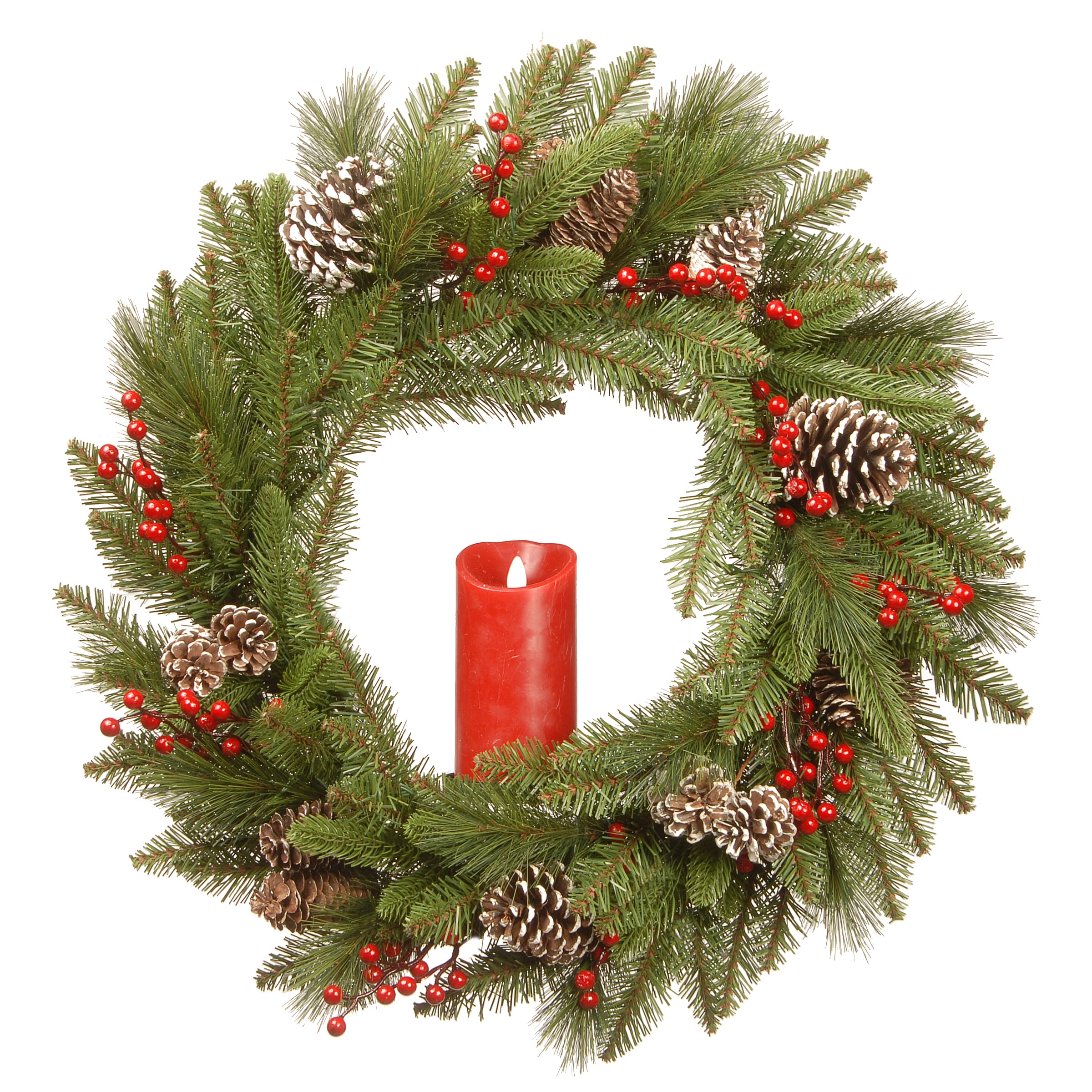 Bristle Berry Pine 24" Artificial Christmas Wreath with Flickering Candle