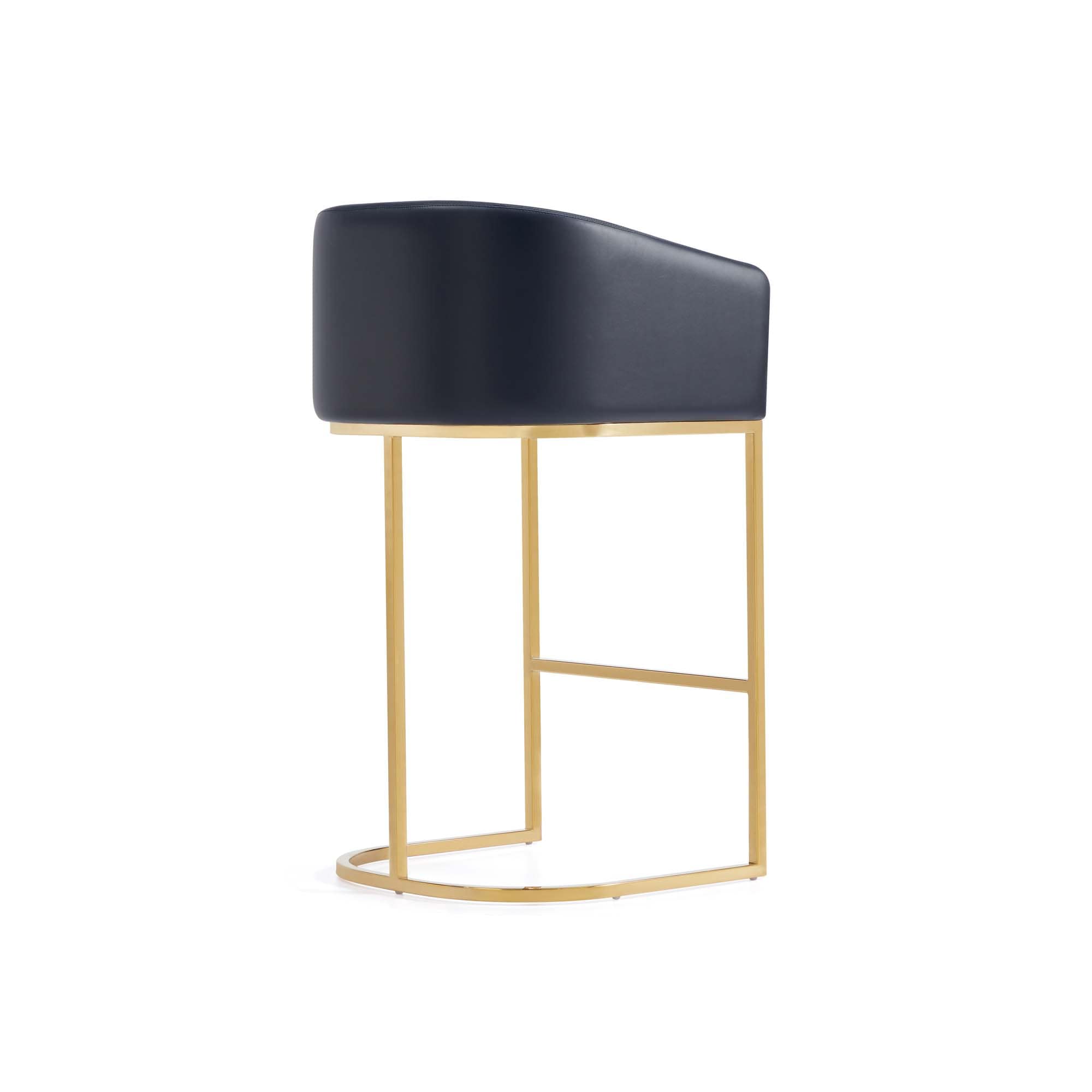 Set of 3 Black Leather and Gold Metal Barstools