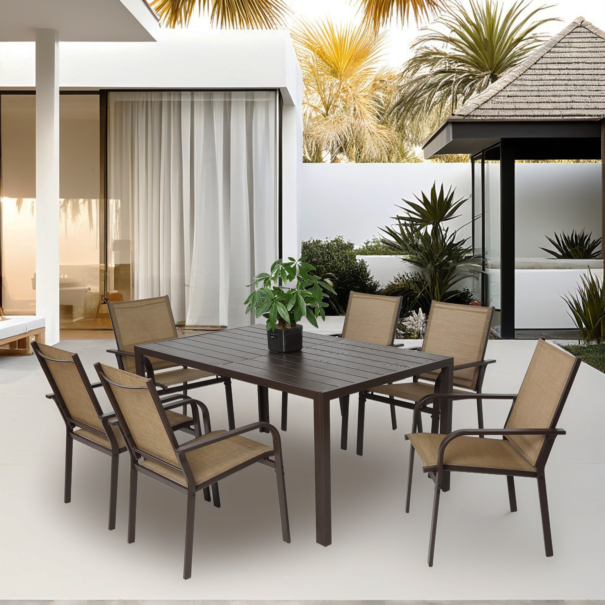 LOVMOR 7 Pieces Patio Dining Set Outdoor Furniture Table and 6 Textilene Chairs Family Conversation Set for Garden Backyard Deck in Brown #SF-Y-W640S00051