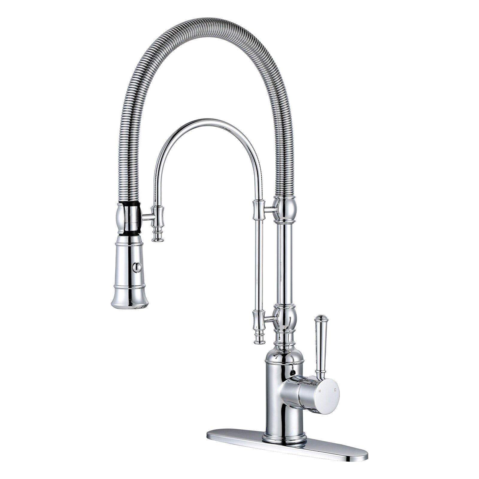 Chrome Single Handle Kitchen Faucet with Sprayer (Deck Plate Included) | - WOWOW KB122009C-LW