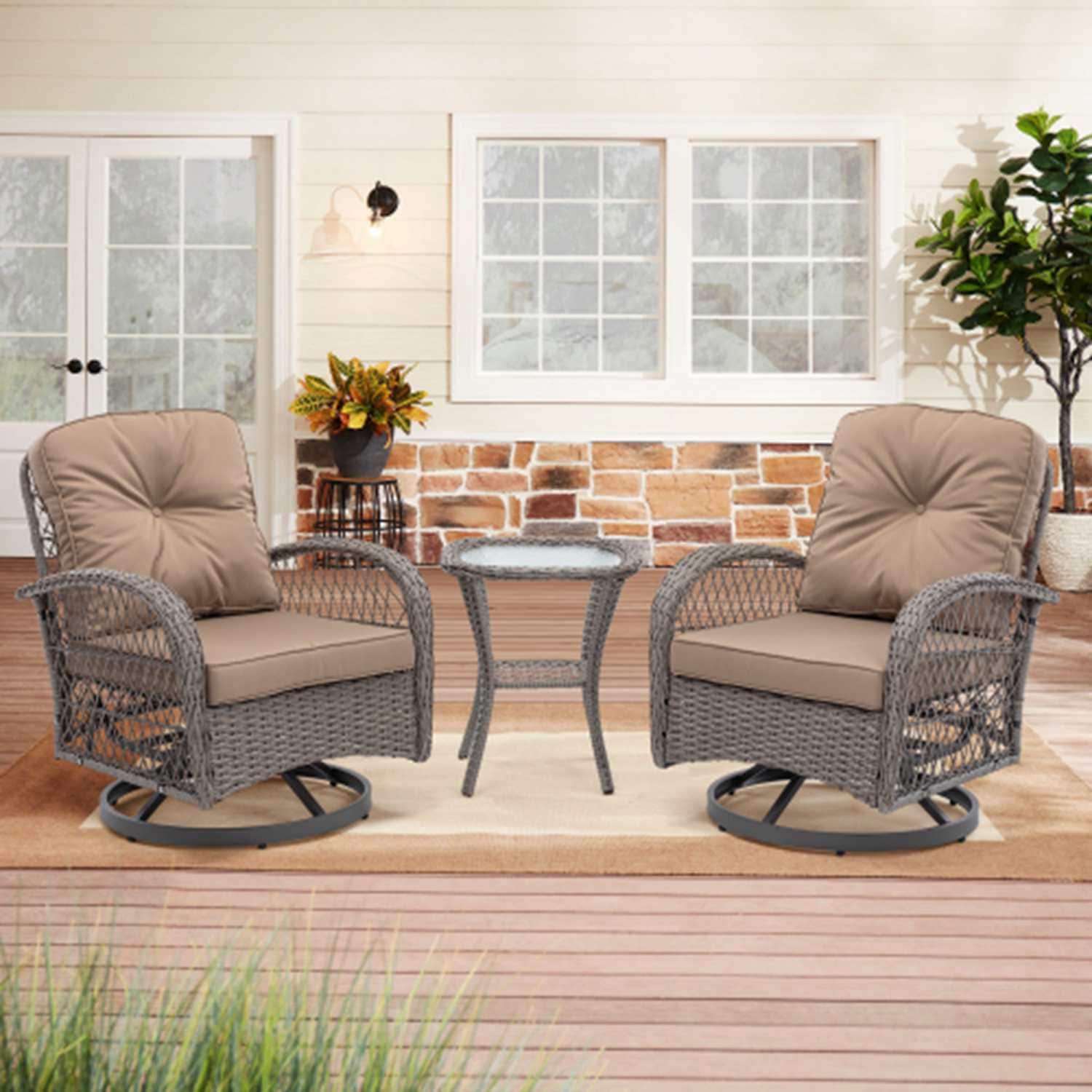 Runesay HBPATI2-04 3 -Piece Wicker Patio Conversation Set with Brown Cushions