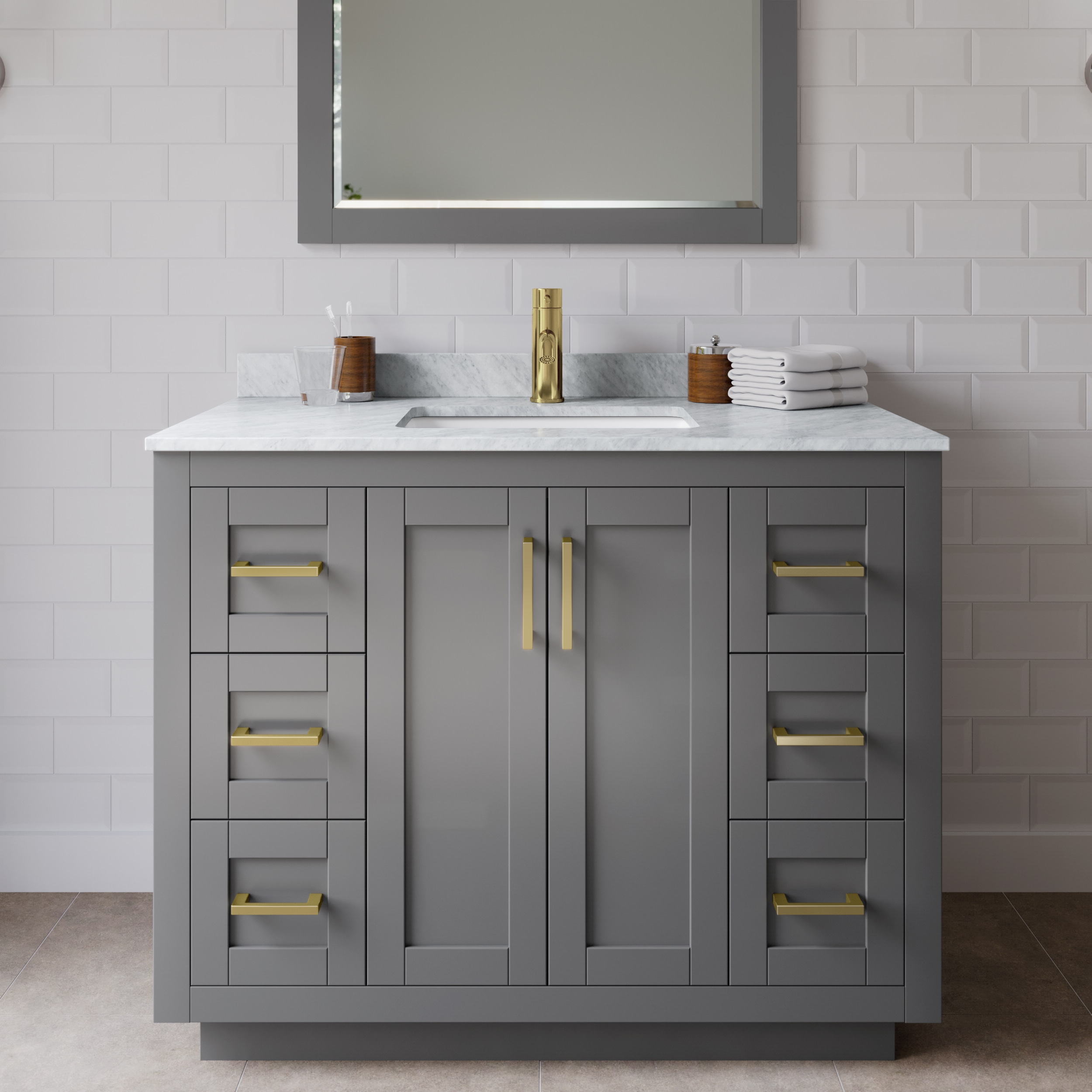 Wyndham Collection WCF292942SGGCMUNSMXX Miranda 42-in Dark Gray with Brushed Gold Trim Undermount Single Sink Bathroom Vanity with White Carrara Marble Marble Top