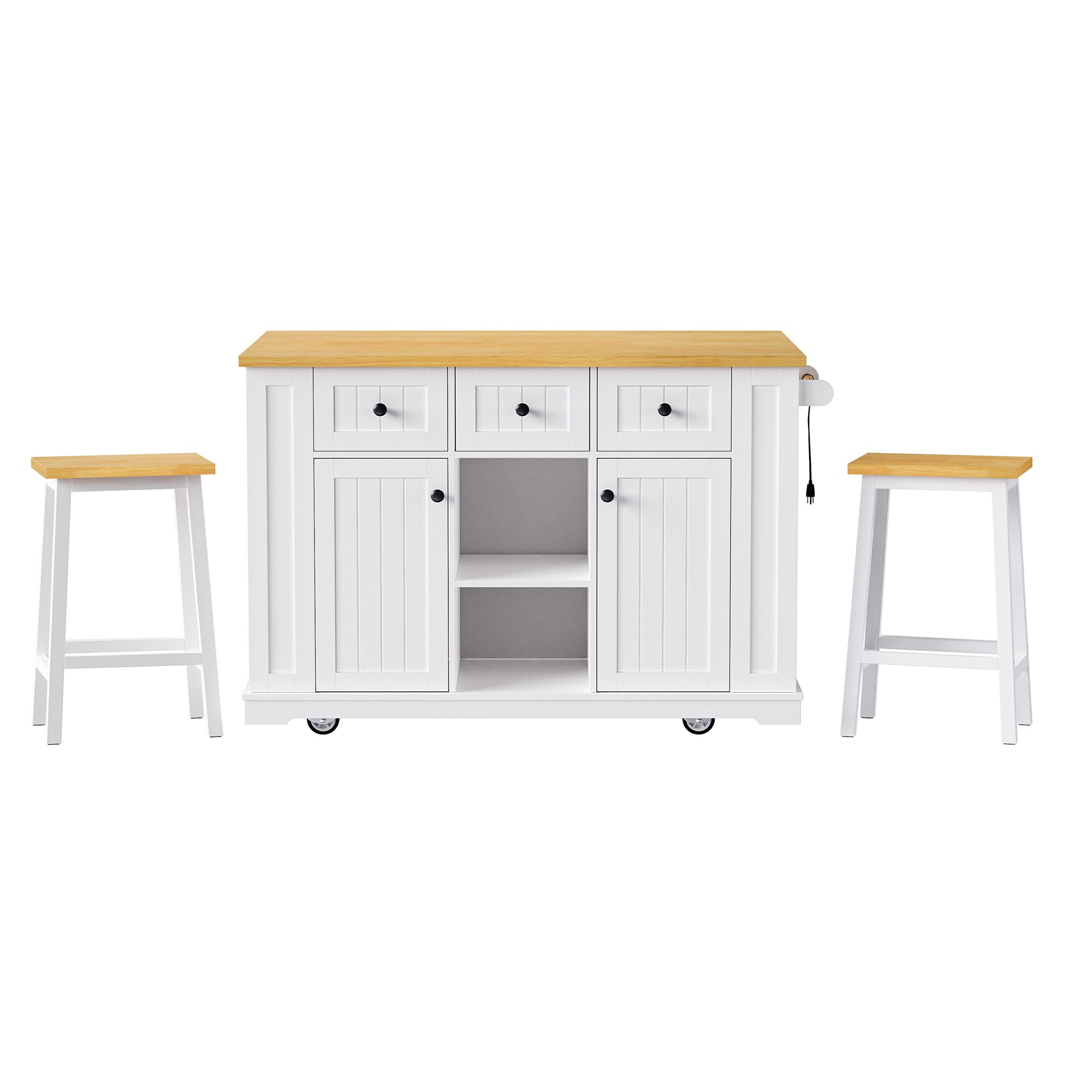SINOFURN SYB260050WT White MDF Base with MDF Wood Top Rolling Kitchen Island ( 29.52-Inches x 53.14-Inches x 36.4-Inches )